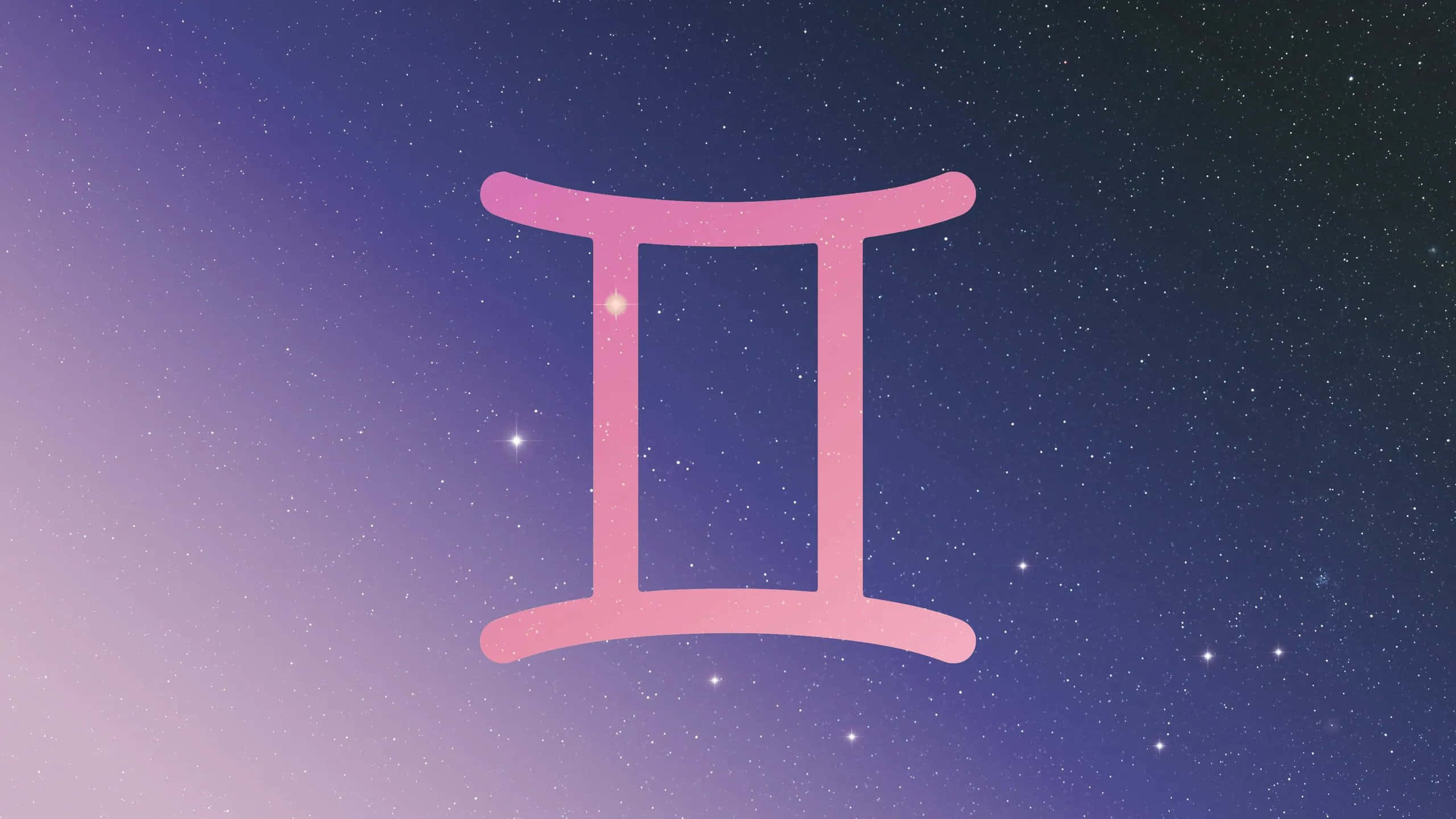 gemini 桌布 壁紙 — 粉紅色的雙子座星座符號漂浮在帶有紫色和藍色漸層的星空暮色天空中。