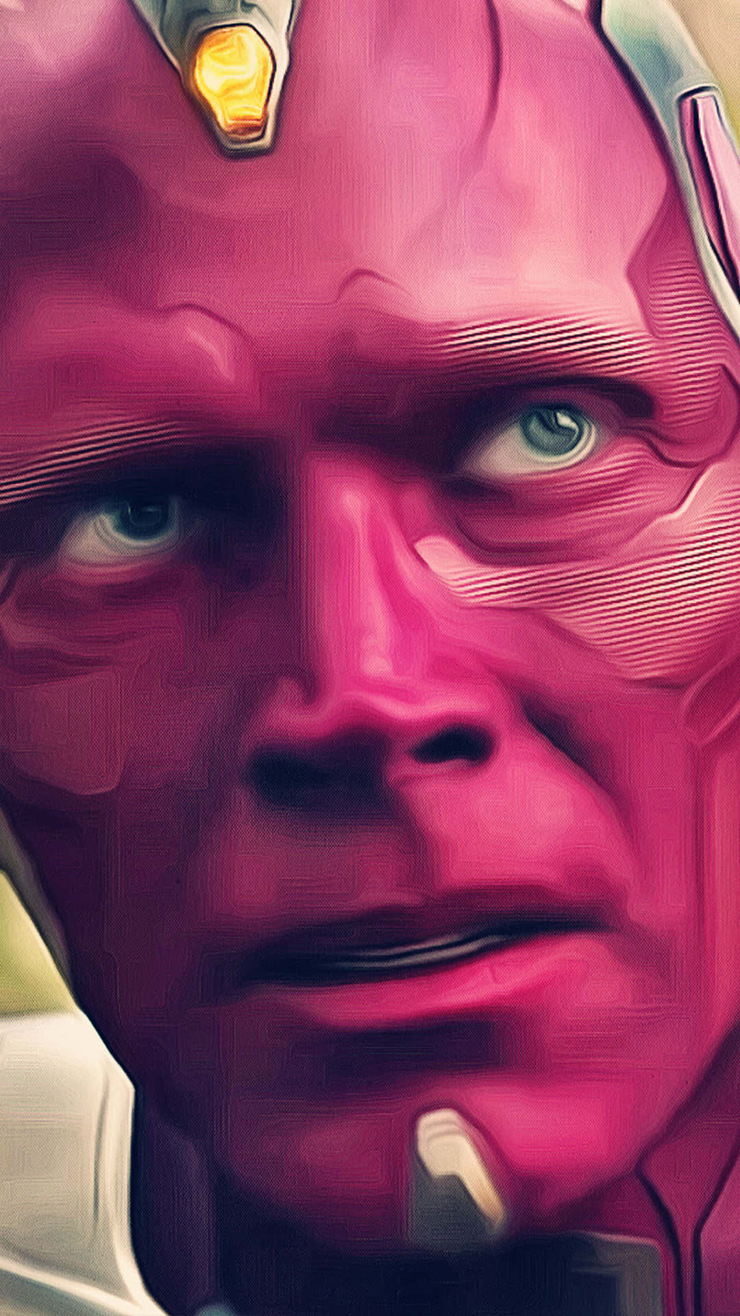 Paul Bettany 桌布 壁紙 — 粉紅色皮膚的超級英雄特寫，發光的眼睛和金屬頭盔細節。