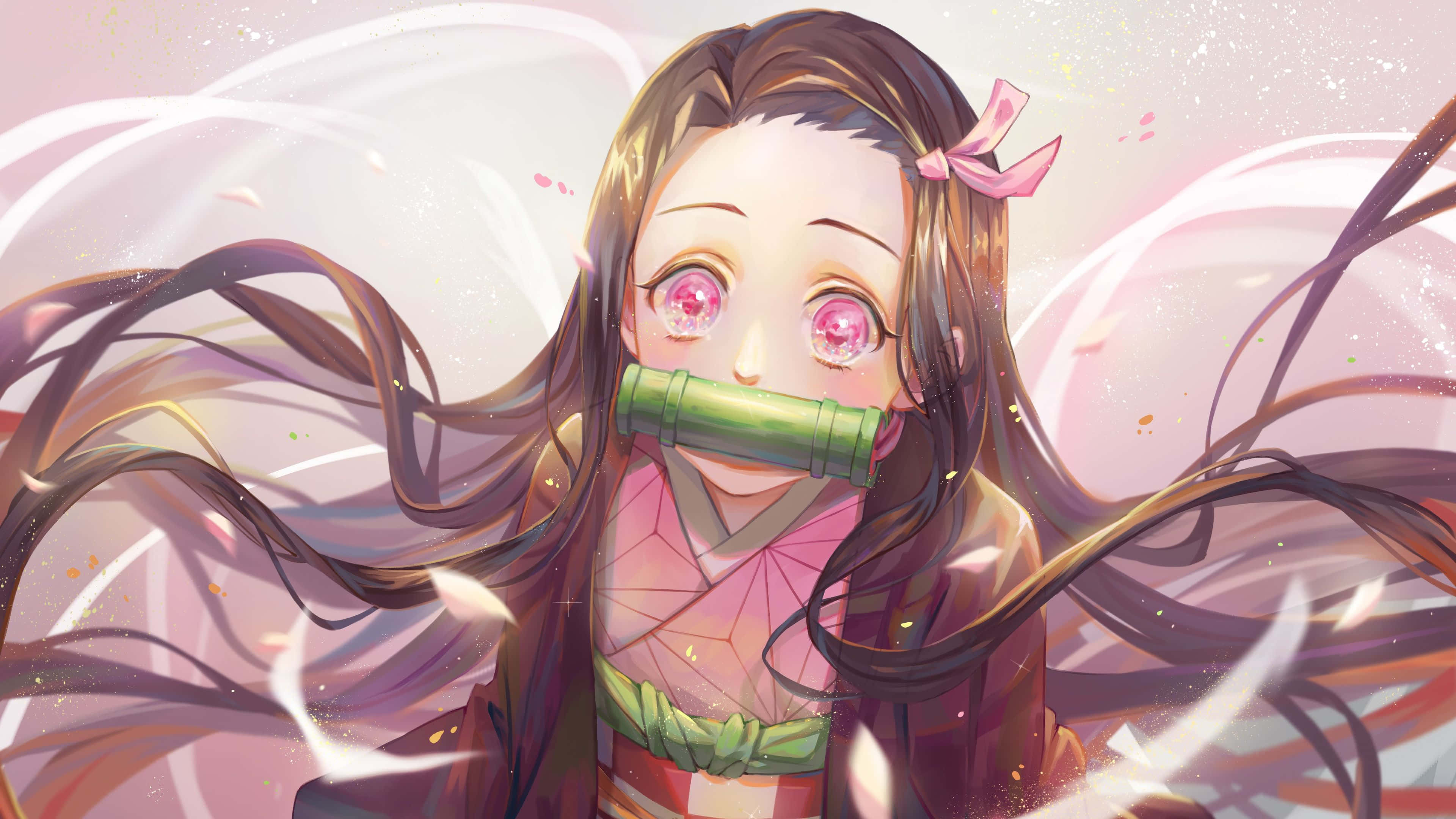 鬼滅之刃 桌布 壁紙 — 粉紅色眼睛和竹製口塞的動漫女孩穿過發光的粉紅色和白色運動漩渦。