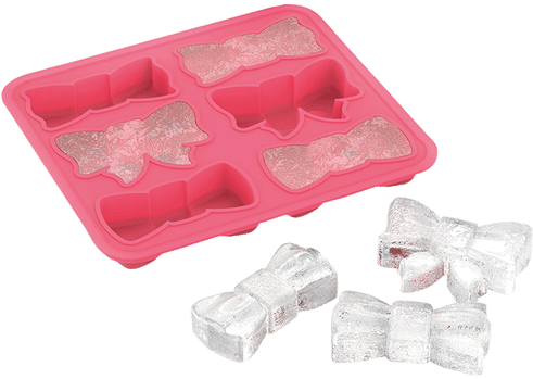Ice Cube 桌布 壁紙 — 粉紅色矽膠模具，帶有蝴蝶結形狀的凹槽，內有閃閃發光的冰塊，旁邊是成型的冰蝴蝶結。