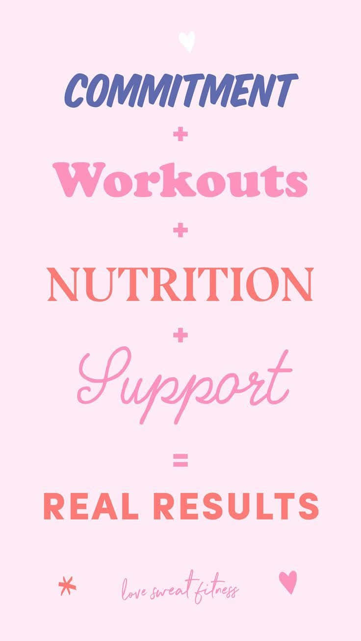 Cute Workout 桌布 壁紙 — 粉紅色粉彩勵志圖形列出承諾、鍛煉、營養、支持等於真實結果，並帶有裝飾性的心形和星星。