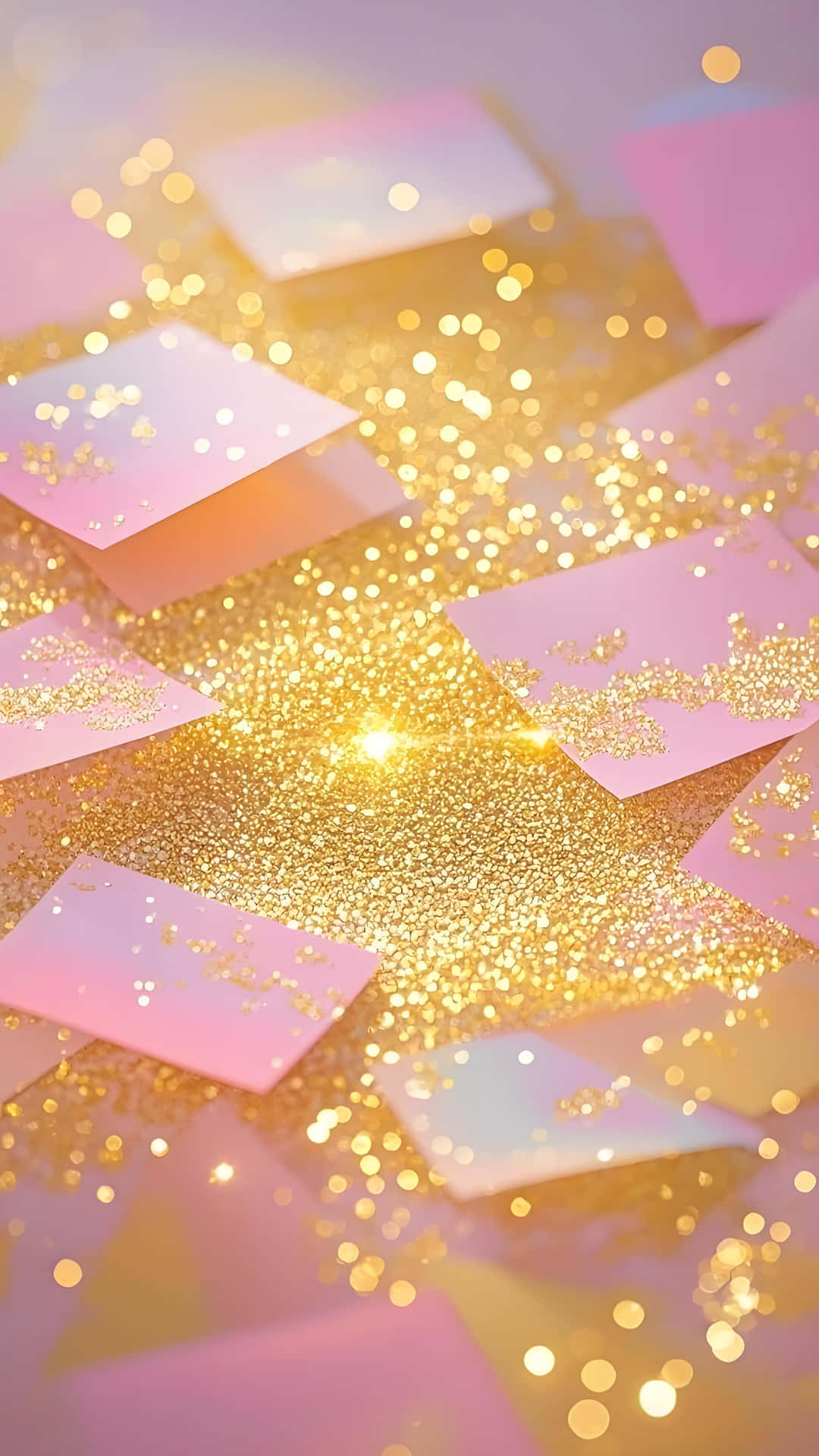 Pink gold glitter wallpaper 壁紙 — 粉紅色粉彩卡片散落在閃閃發光的金色亮粉表面上，帶有柔和散景燈光。