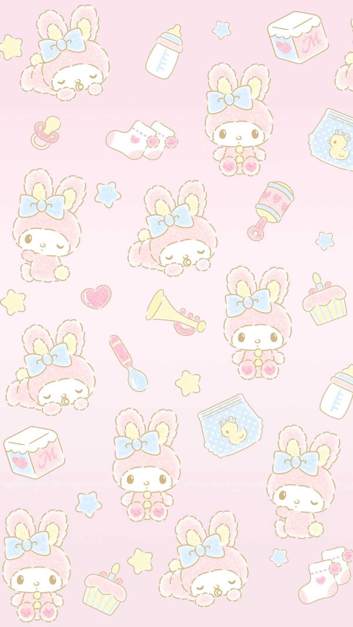 my 桌布 壁紙 — 粉紅色粉彩壁紙，上面有可愛的 My Melody 角色，周圍環繞著嬰兒用品和星星。