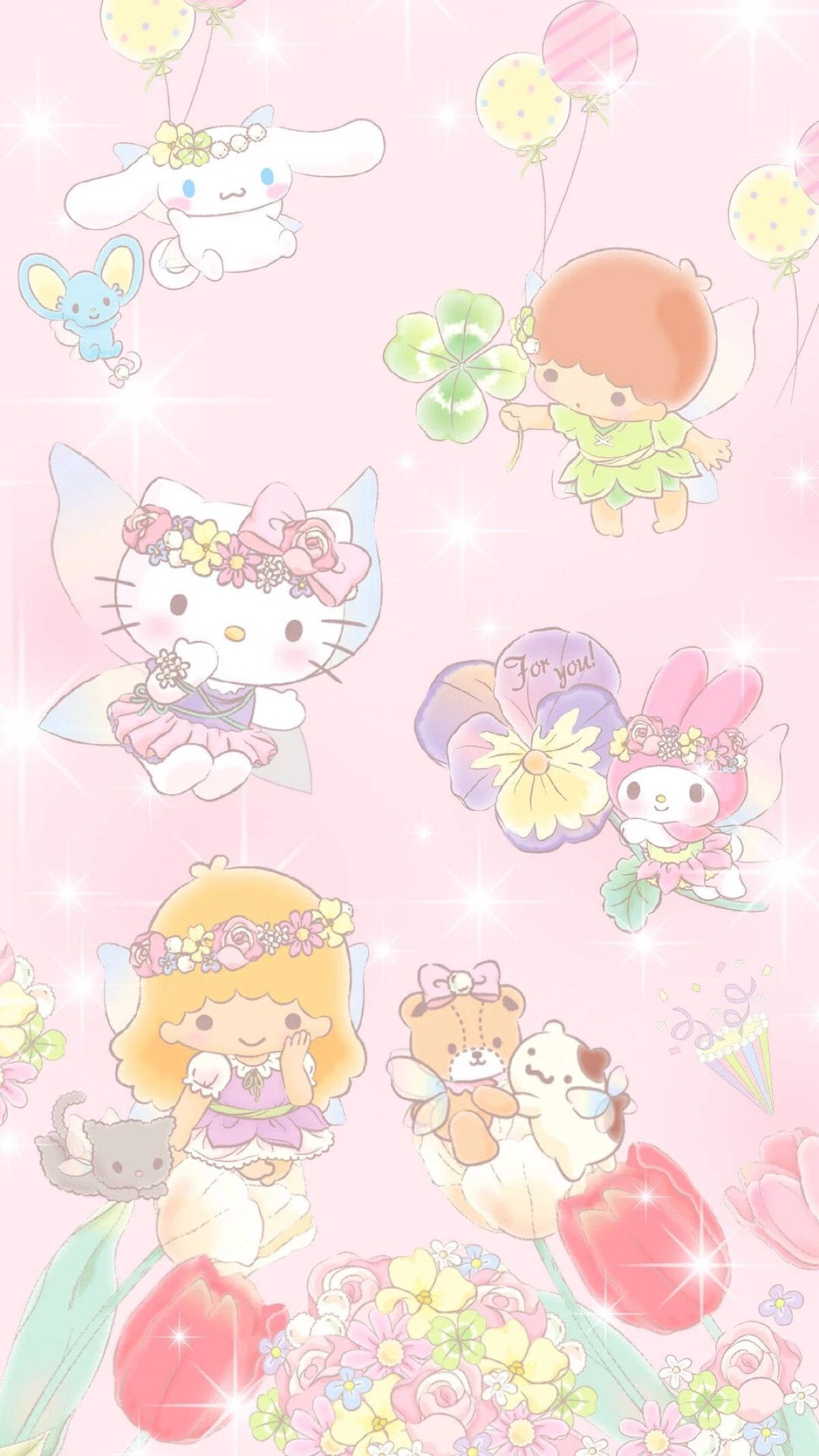 sanrio 桌布 壁紙 — 粉紅色粉彩壁紙，上面有可愛的動漫角色，如Hello Kitty和My Melody，拿著氣球和花朵，帶有閃爍效果。