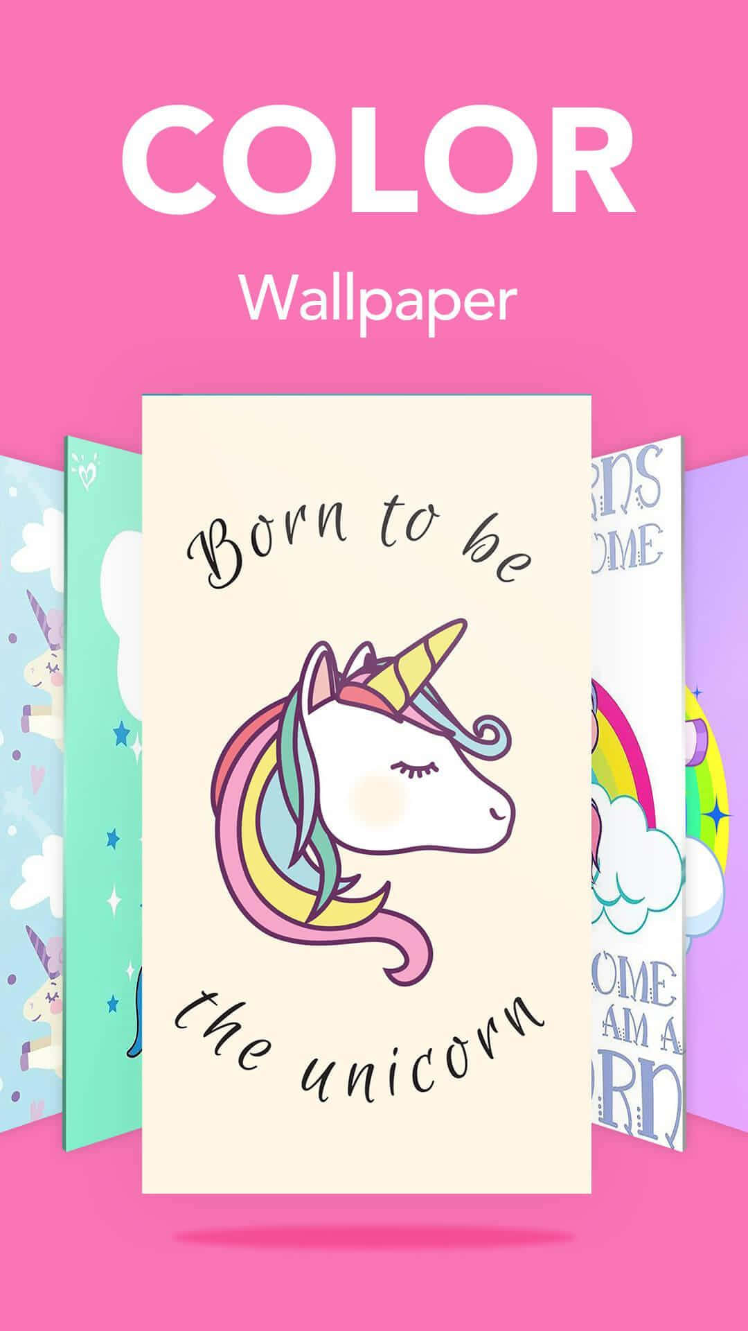 Kawaii Unicorn 桌布 壁紙 — 粉紅色粉彩壁紙，上面有可愛的卡通獨角獸，帶有彩虹鬃毛，並以草書寫著「Born to be the unicorn」。