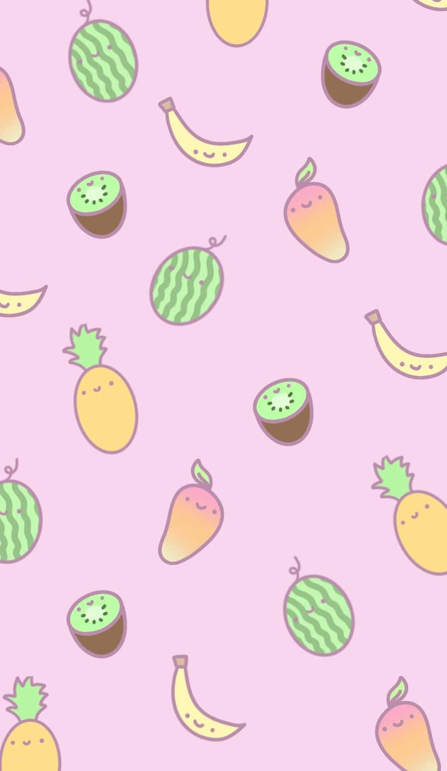 Fruits 桌布 壁紙 — 粉紅色粉彩壁紙，上面有可愛的笑臉水果，如西瓜、奇異果和鳳梨，以俏皮圖案散落。