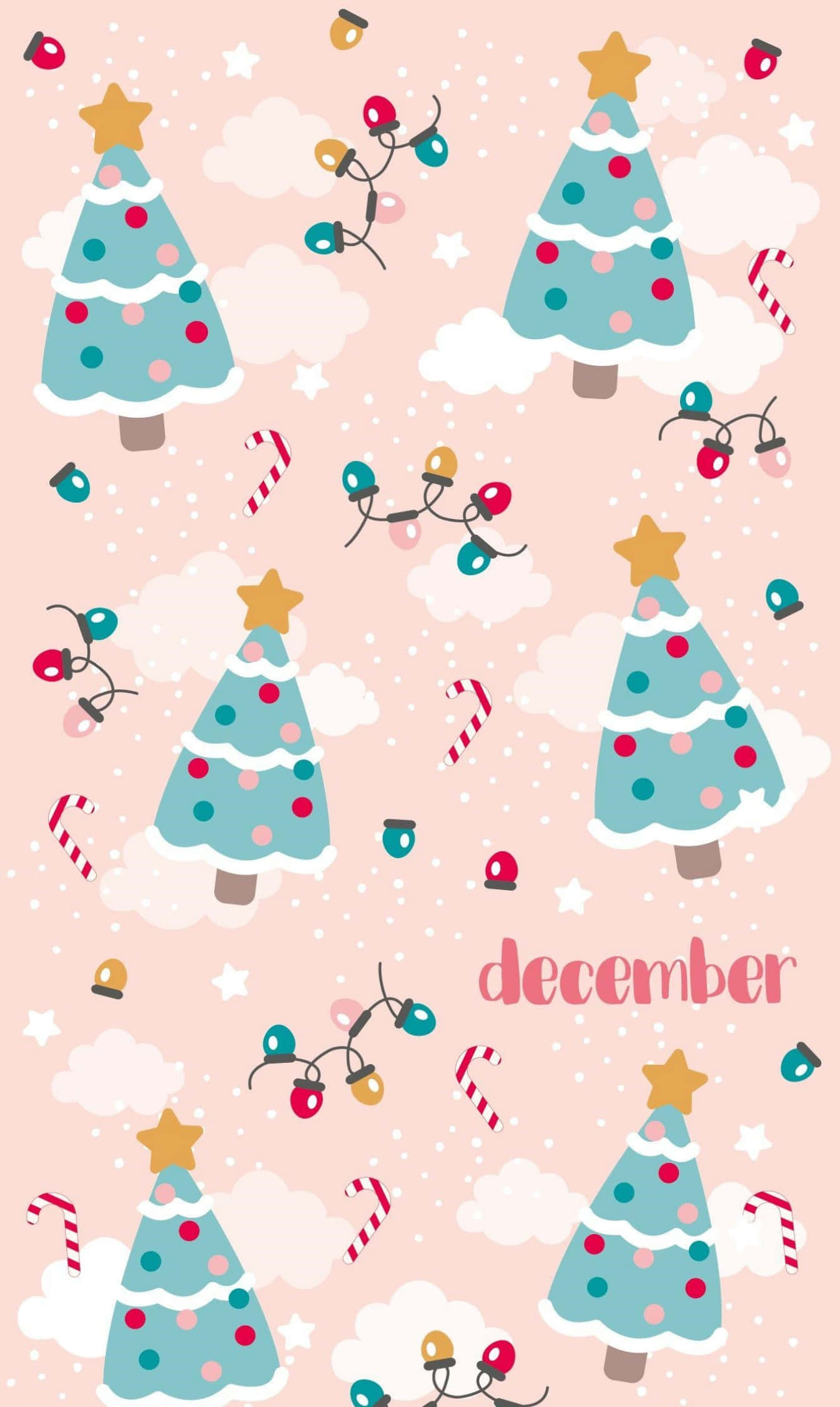Cute Christmas Phone 桌布 壁紙 — 粉紅色粉彩壁紙，上面有重複的卡通聖誕樹、拐杖糖和燈串漂浮在雲層中。