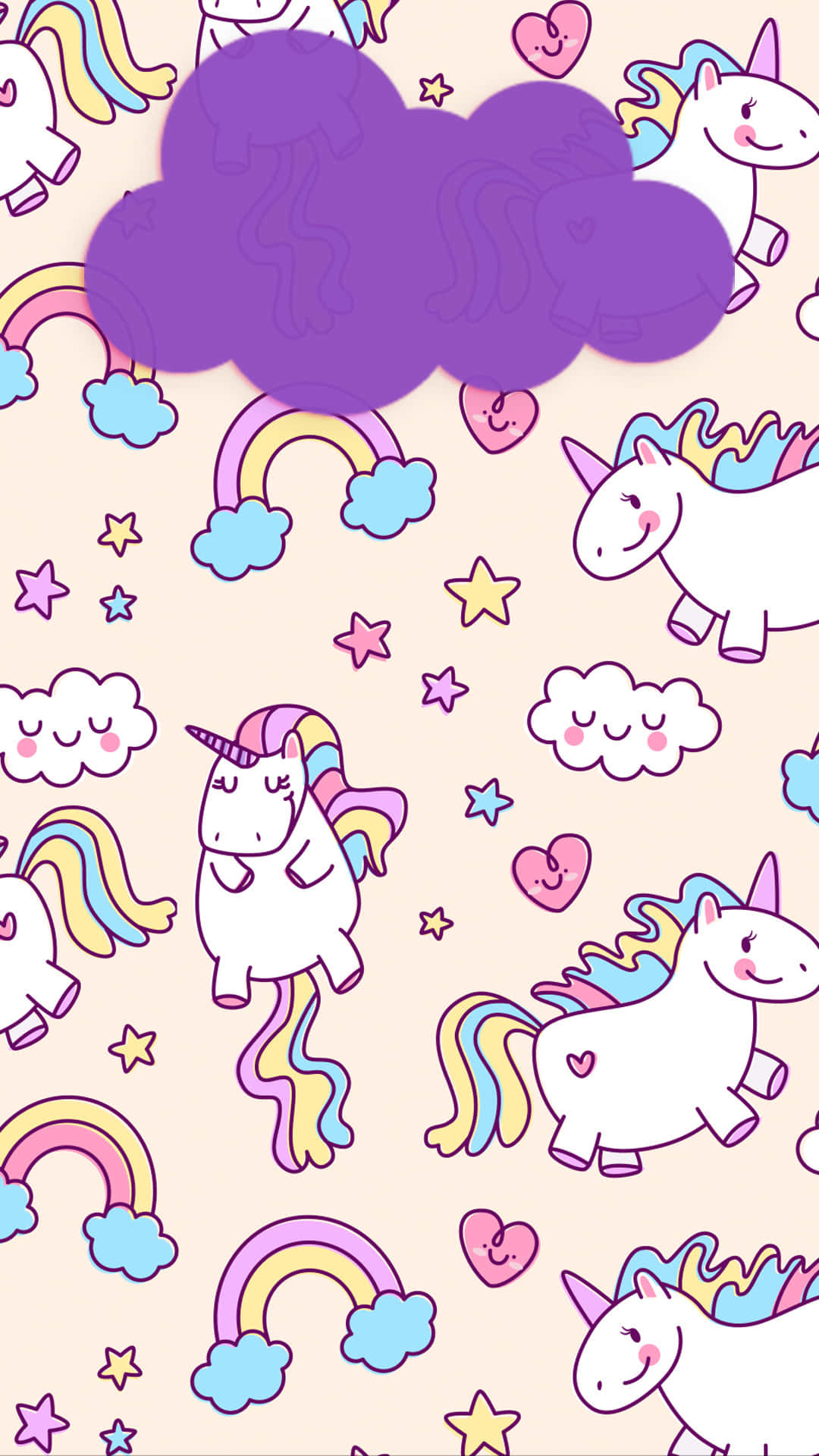 Cartoon Unicorn 桌布 壁紙 — 粉紅色粉彩壁紙，帶有可愛卡通獨角獸、彩虹、雲朵和星星，形成一個奇幻的重複圖案。