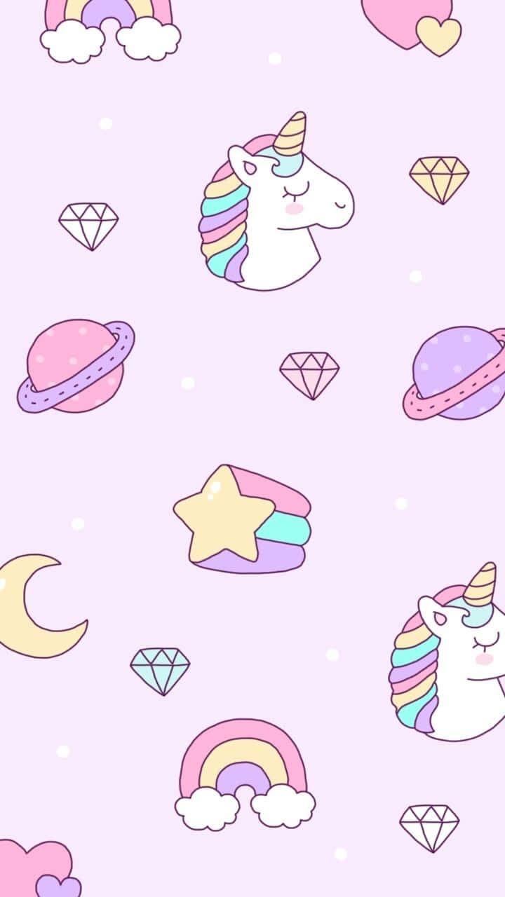 Pastel Unicorn 桌布 壁紙 — 粉紅色粉彩壁紙，帶有可愛卡通獨角獸、彩虹、鑽石和行星，以奇幻重複圖案呈現。