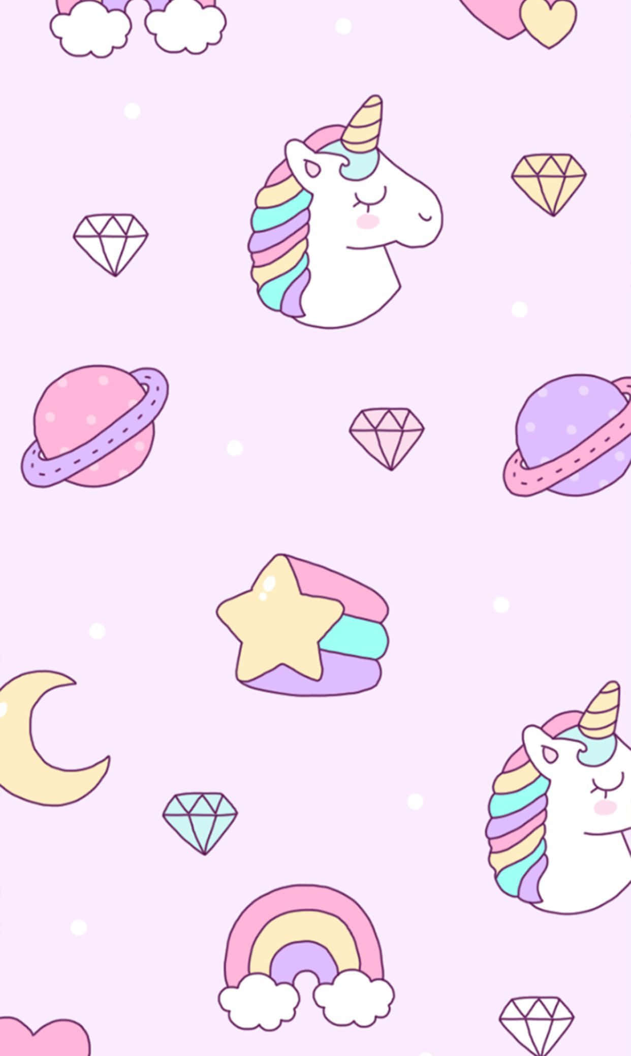 Kawaii Unicorn 桌布 壁紙 — 粉紅色粉彩壁紙，帶有可愛卡通獨角獸、彩虹、鑽石和行星的重複圖案。