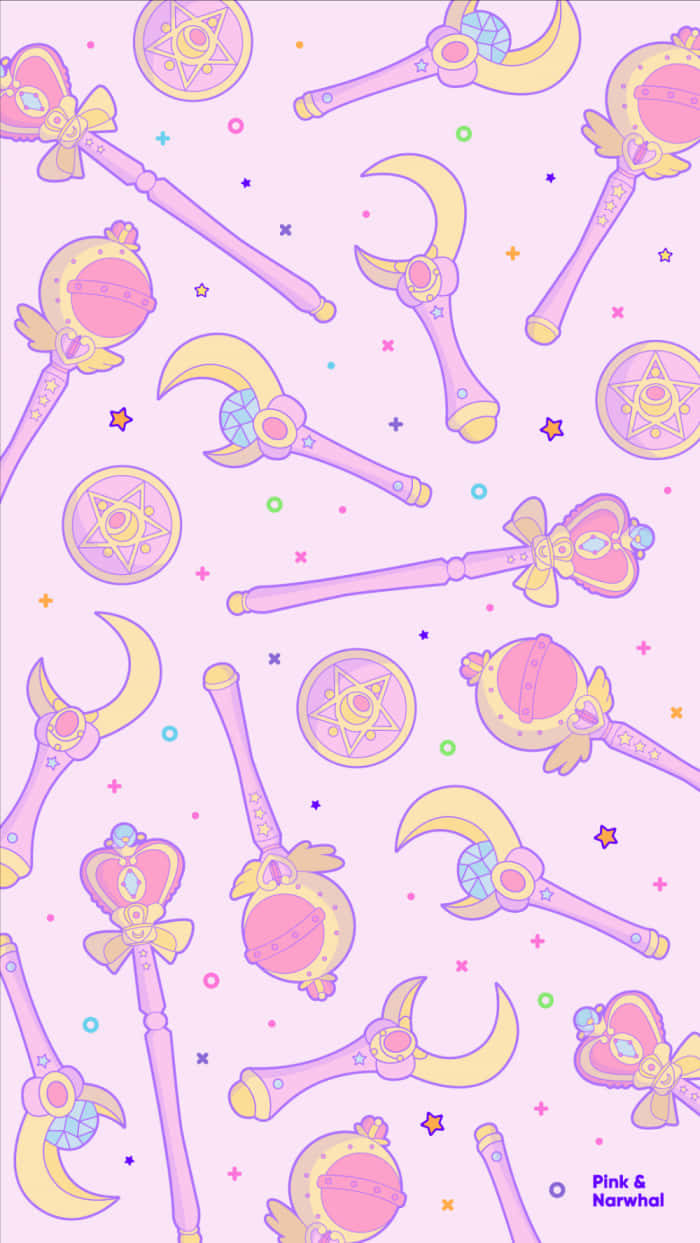 Sailor Moon iPad 桌布 壁紙 — 粉紅色粉彩壁紙圖案，重複出現帶有寶石和星星的魔法棒和彎月。