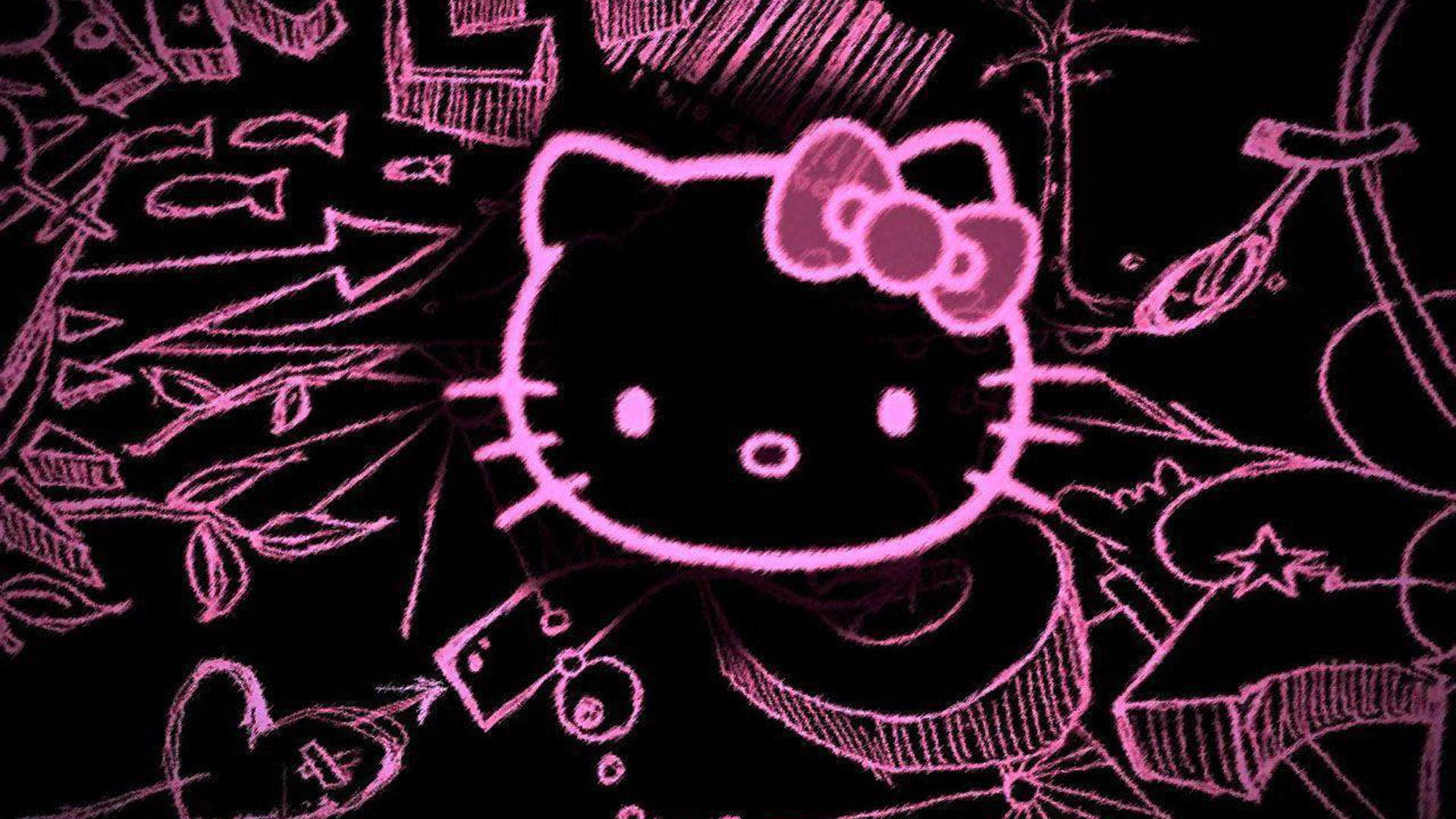 Kitty 桌布 壁紙 — 粉紅色粉筆風格的Hello Kitty臉孔與蝴蝶結在充滿塗鴉的黑色背景上發光。