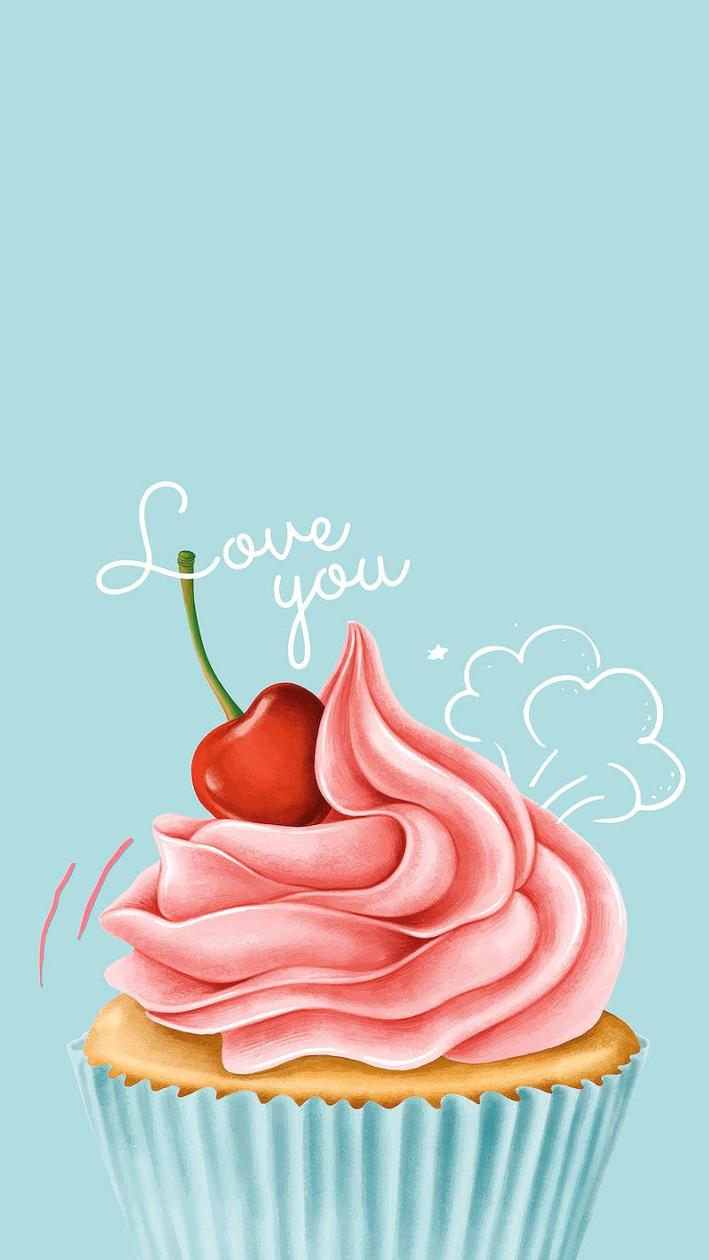 Cupcake 桌布 壁紙 — 粉紅色糖霜杯子蛋糕，上面放著一顆櫻桃和「Love you」字樣，背景是柔和的藍色。