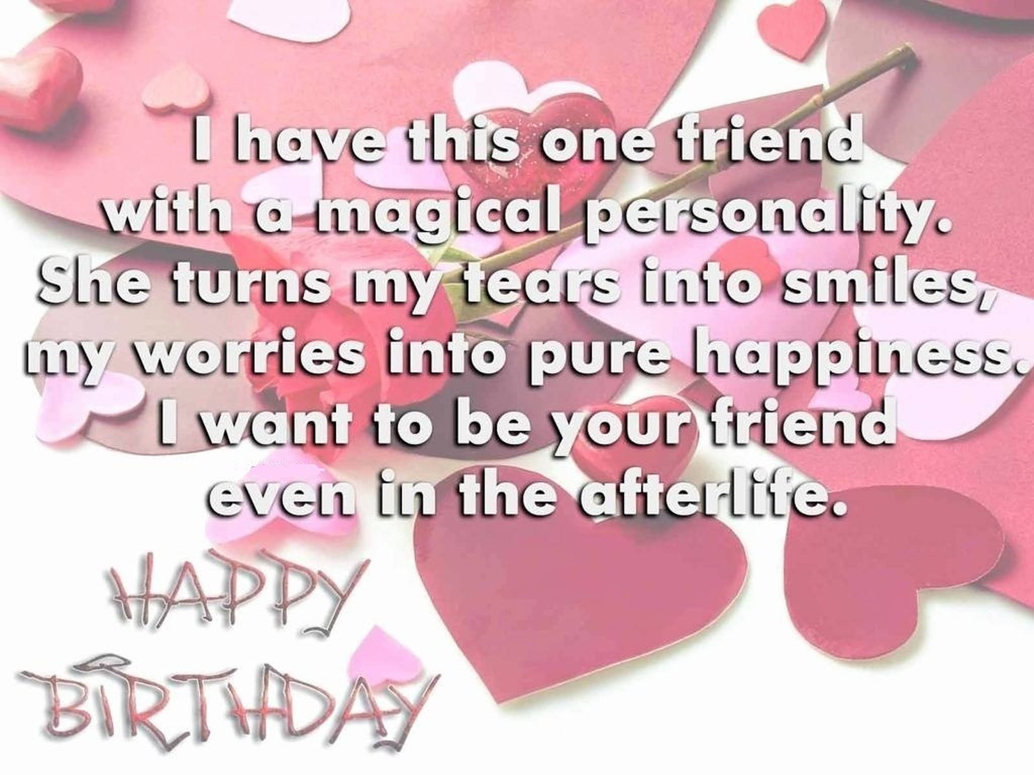 Friendship Quotes 桌布 壁紙 — 粉紅色紙心形和文字在白色背景上慶祝對魔法朋友的衷心生日祝福。
