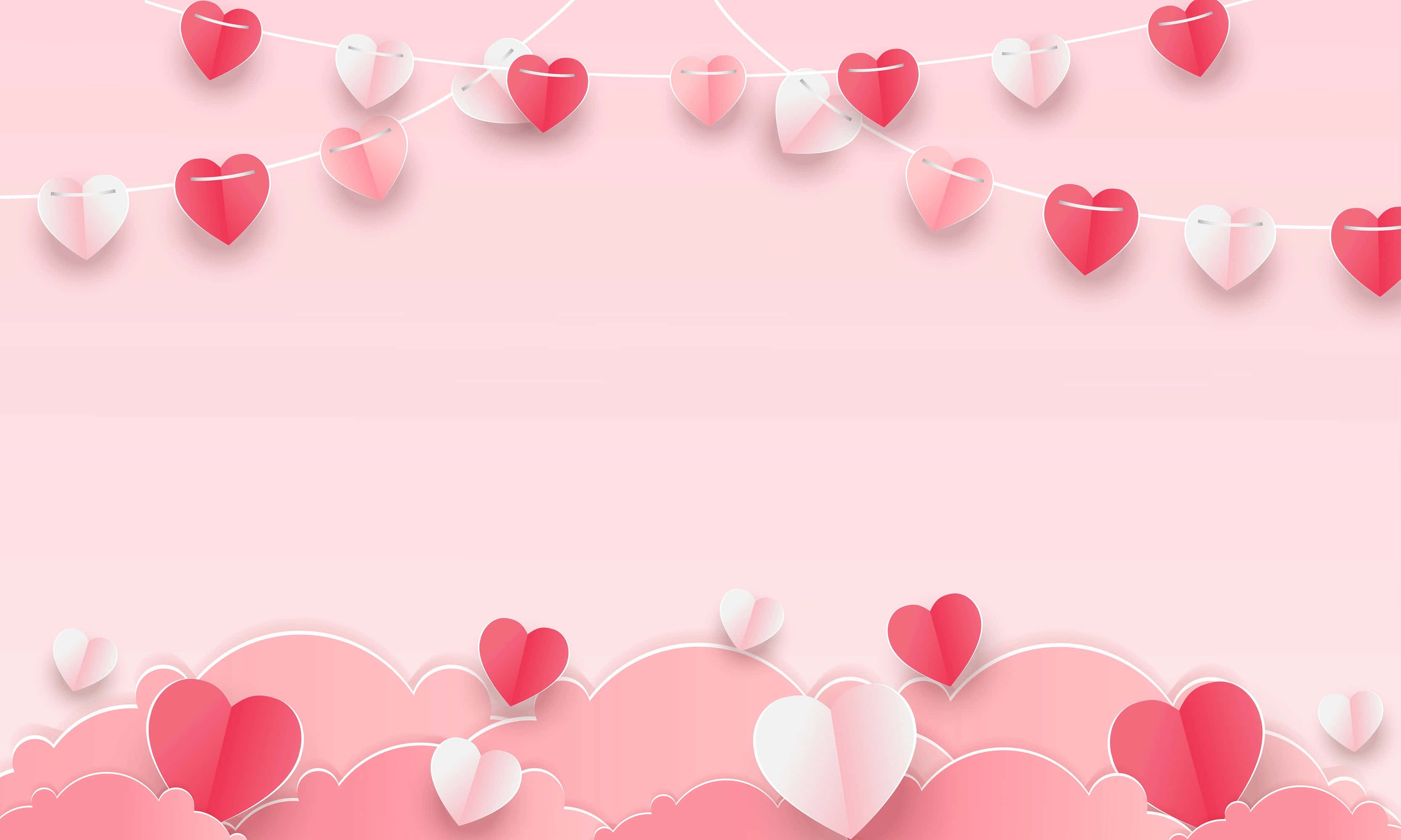 Cute Hearts 桌布 壁紙 — 粉紅色紙愛心用繩子串起，懸掛在 fluffy 雲朵形狀上方，背景是柔和粉彩粉紅色。