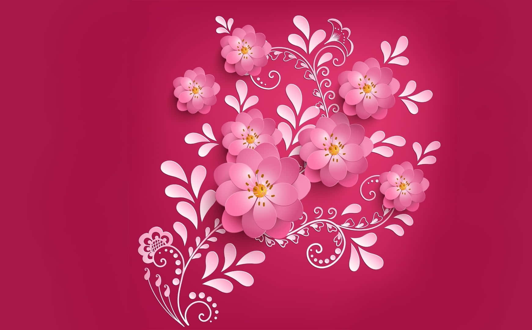 Kawaii Flower 桌布 壁紙 — 粉紅色紙藝花朵帶有白色漩渦，在深洋紅色背景上以精緻的數位藝術風格綻放。