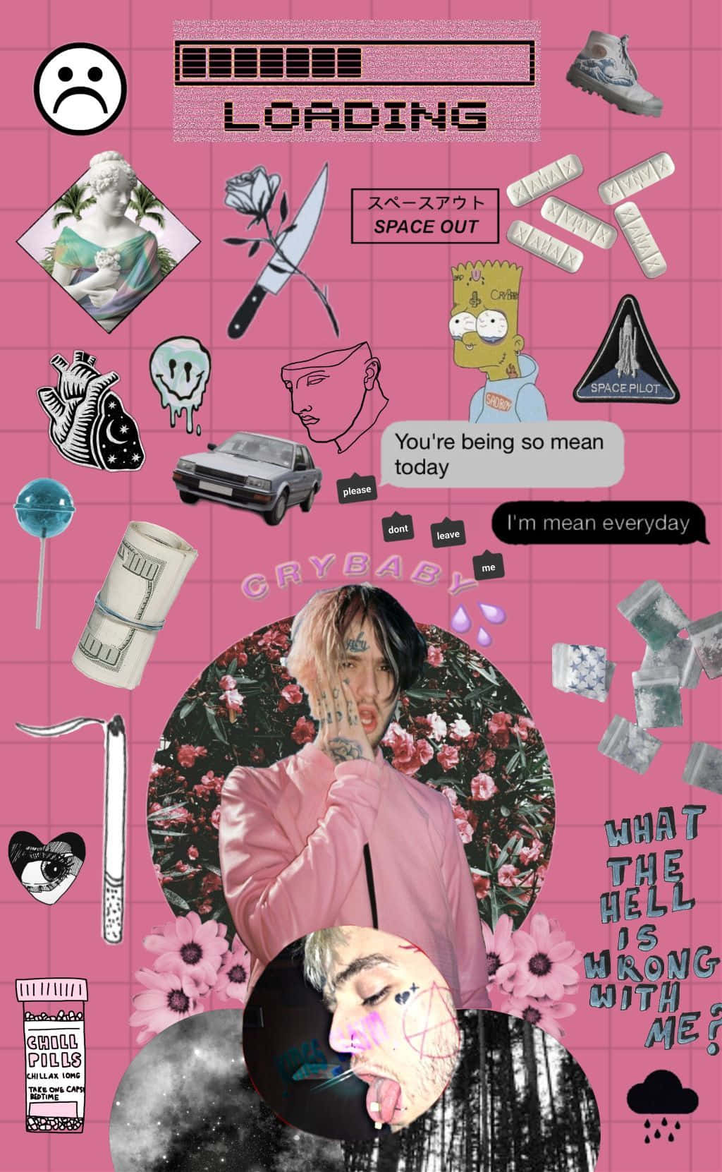 Aesthetic Pink Collage 桌布 壁紙 — 粉紅色網格壁紙拼貼，中央人物帶有花卉背景，周圍環繞流行文化圖標和情感文字疊加。