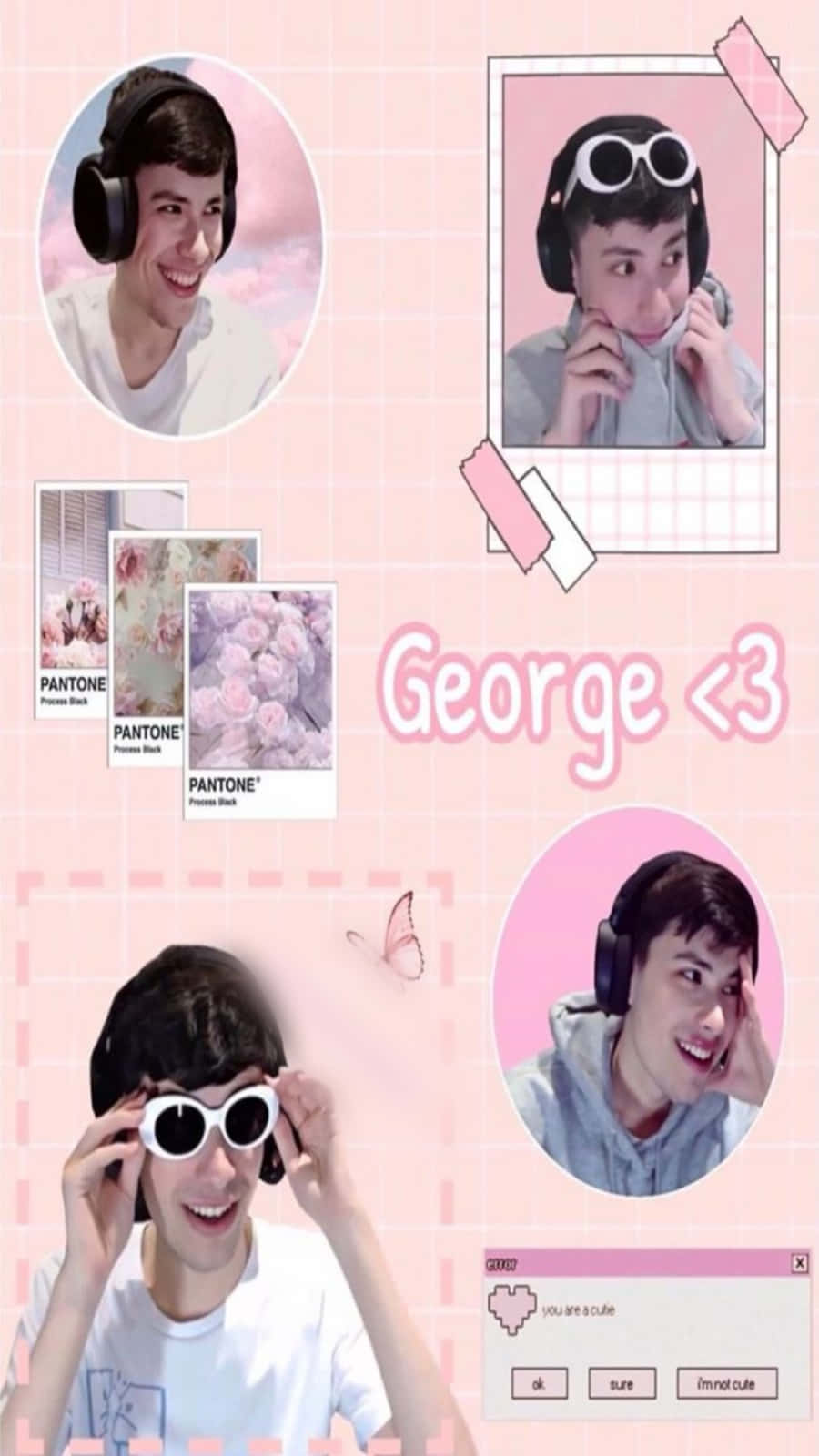 georgenotfound 桌布 壁紙 — 粉紅色網格壁紙拼貼，包含四張圓形照片，照片中是一位戴著耳機和超大太陽眼鏡的微笑年輕男子，並配有 Pantone 玫瑰粉紅色樣本和一個可愛的對話框。