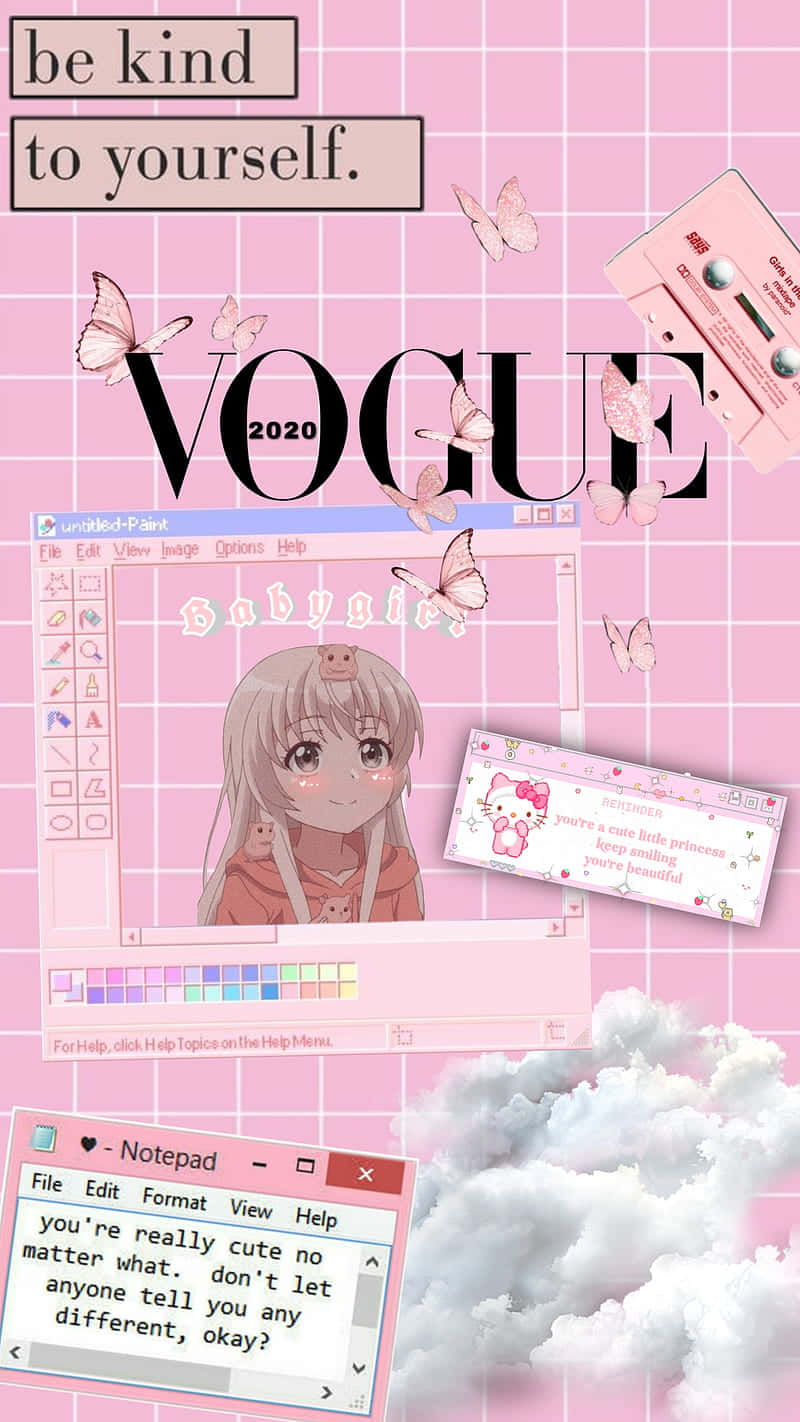 Pastel Pink Aesthetic Anime 桌布 壁紙 — 粉紅色網格桌布，動畫女孩在繪圖應用程式中，被蝴蝶、卡式錄音帶和鼓勵文字環繞。