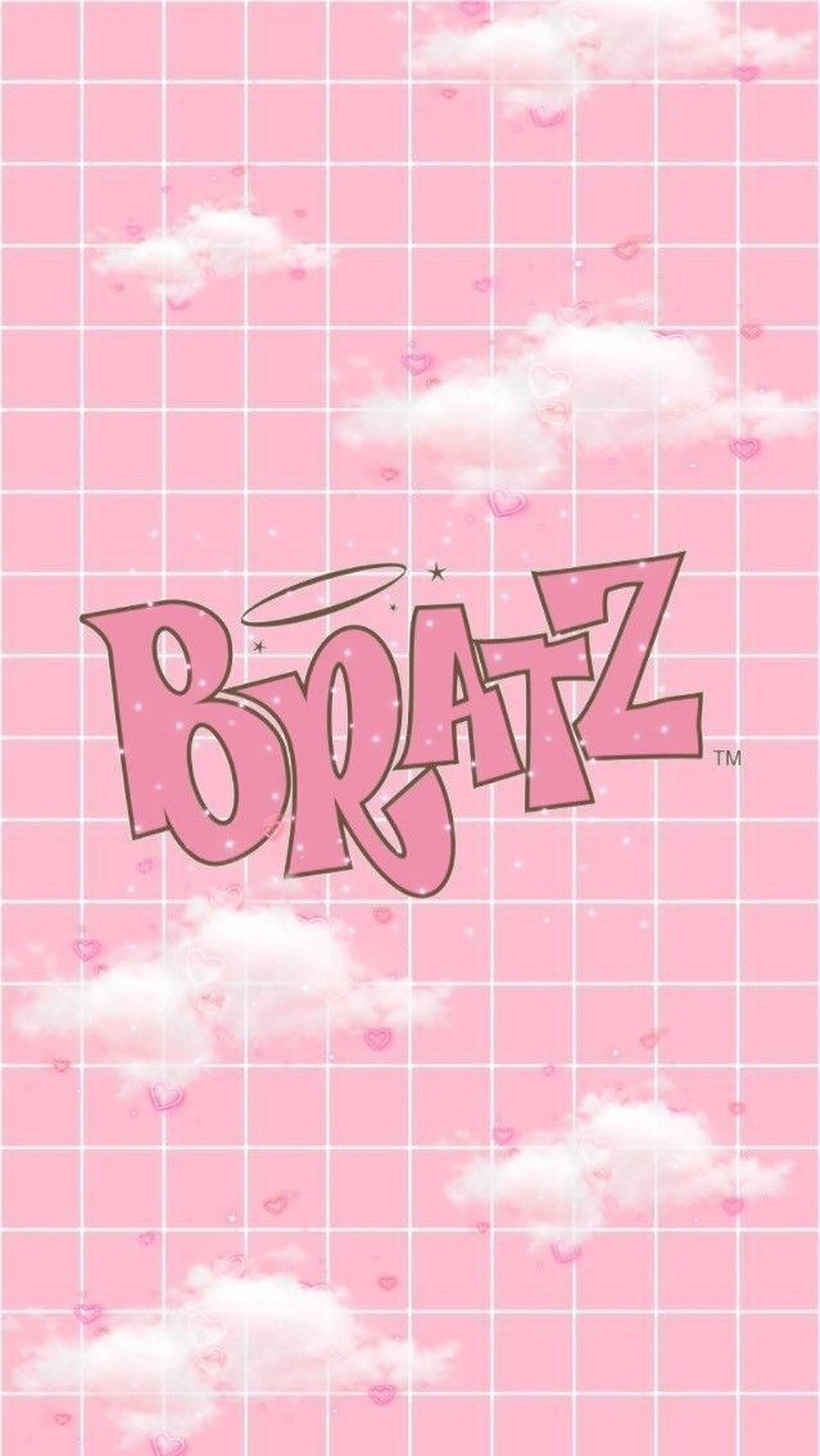 粉紅色網格桌布，搭配雲朵、愛心圖案和 Bratz 標誌 — iPhone 美學 壁紙