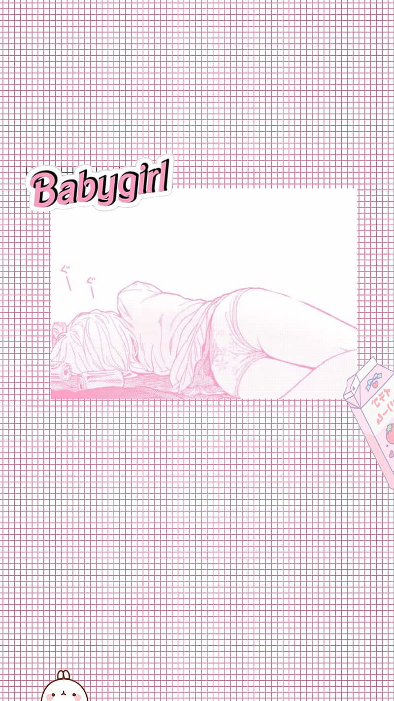 Pastel Pink Aesthetic Anime 桌布 壁紙 — 粉紅色網格背景上有一個極簡風格的睡著女孩素描，配上「Babygirl」文字和一個牛奶盒。
