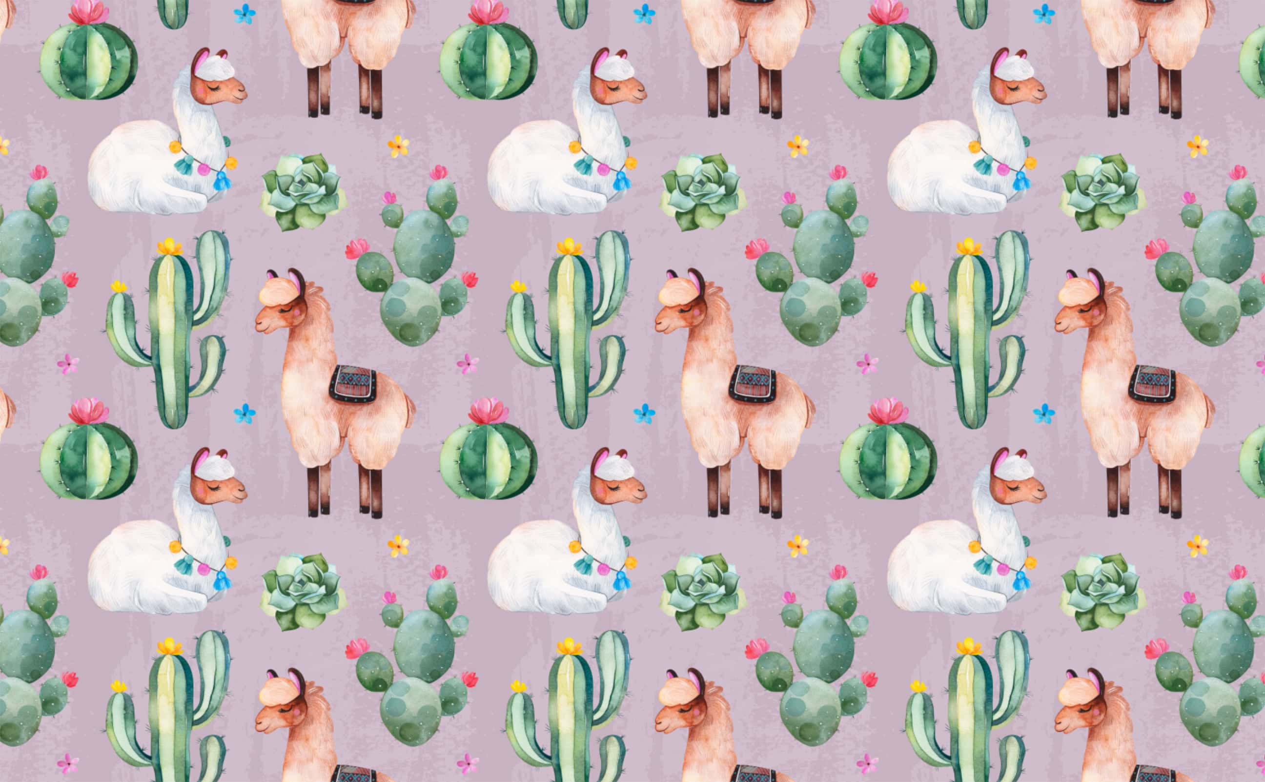 llama 桌布 壁紙 — 粉紅色羊駝和綠色仙人掌的水彩圖案，背景為淡紫色，帶有小花朵。
