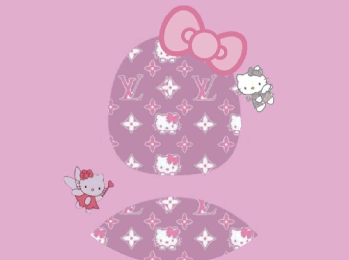 sanrio 桌布 壁紙 — 粉紅色背景，Hello Kitty 仙子與路易威登圖案的嘴唇和蝴蝶結。