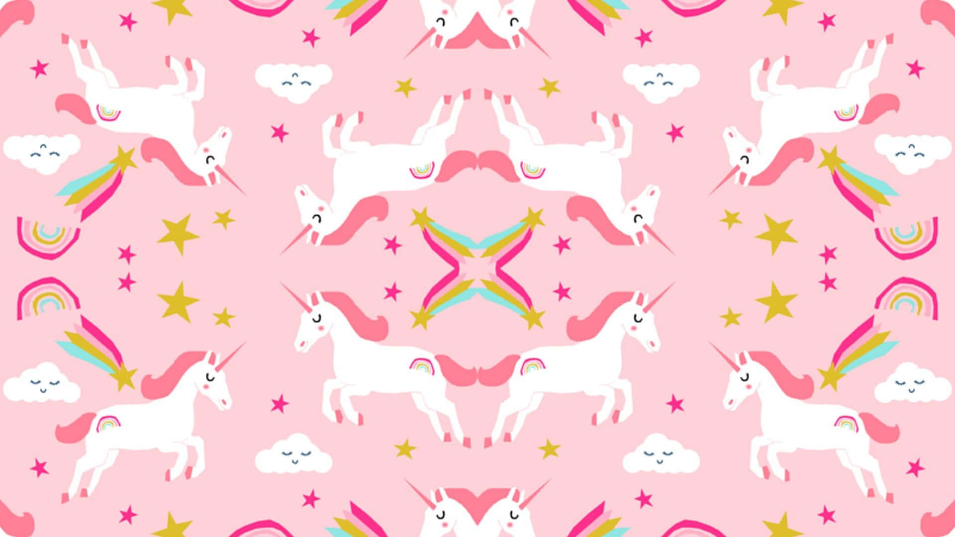 Unicorn Desktop 桌布 壁紙 — 粉紅色背景，充滿了俏皮的白色獨角獸、彩虹尾巴、星星和微笑的雲朵，形成重複圖案。