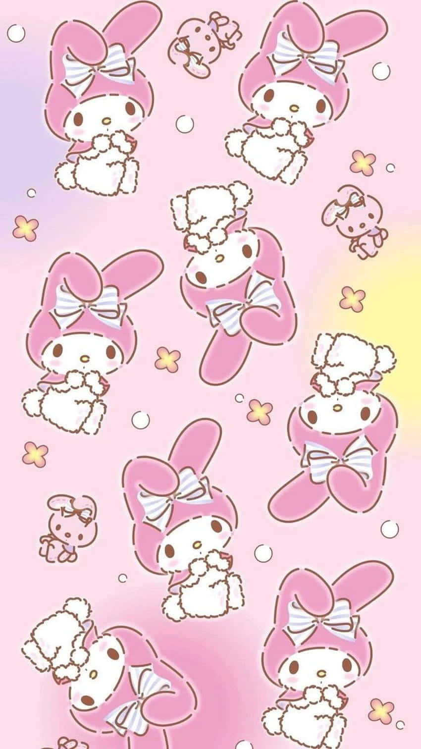 我的旋律 桌布 壁紙 — 粉紅色背景，充滿可愛的 My Melody 角色，以各種姿勢被小花和氣泡包圍。