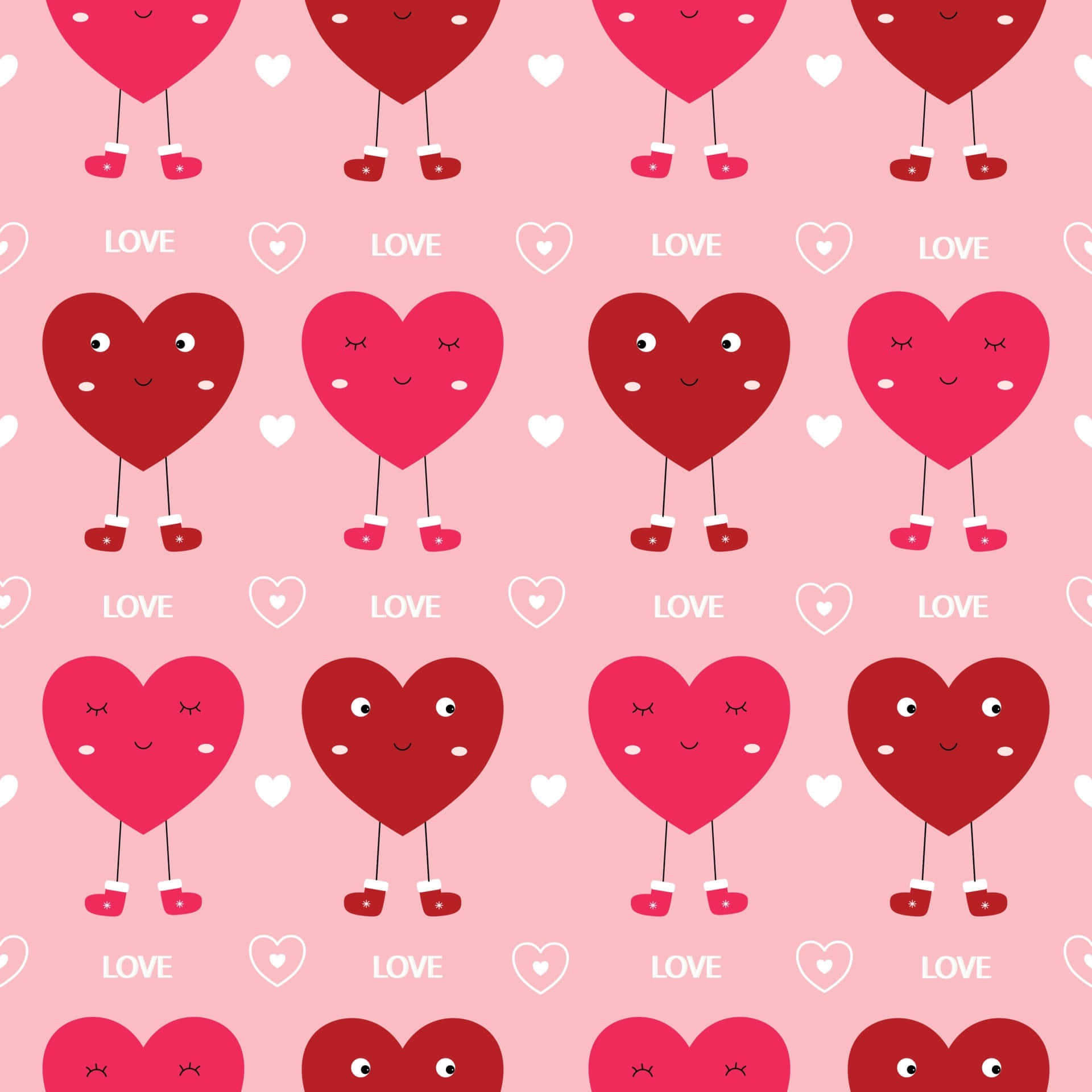 Cute Hearts 桌布 壁紙 — 粉紅色背景，充滿微笑的卡通心形，穿著襪子，手持「LOVE」標誌。