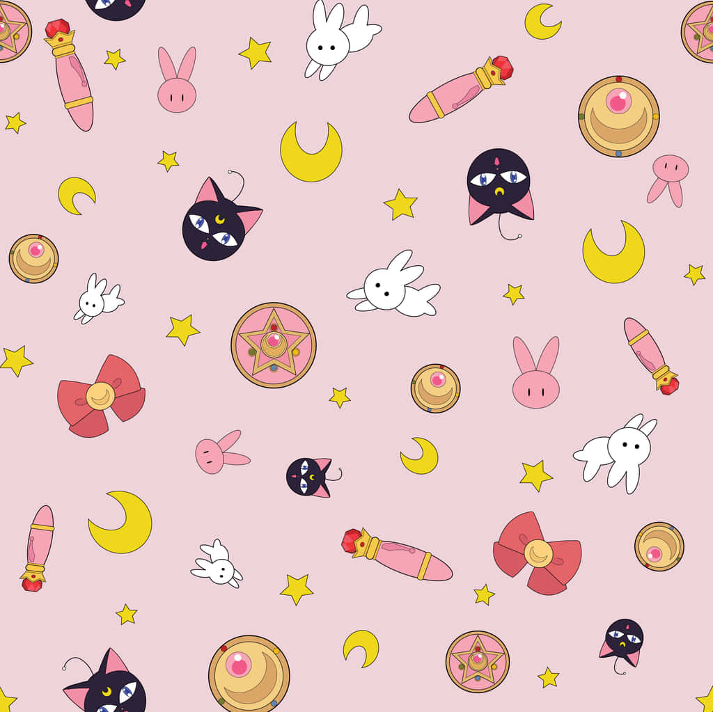 Sailor Moon Pattern 桌布 壁紙 — 粉紅色背景，充滿重複的美少女戰士可愛動漫角色和魔法物品。