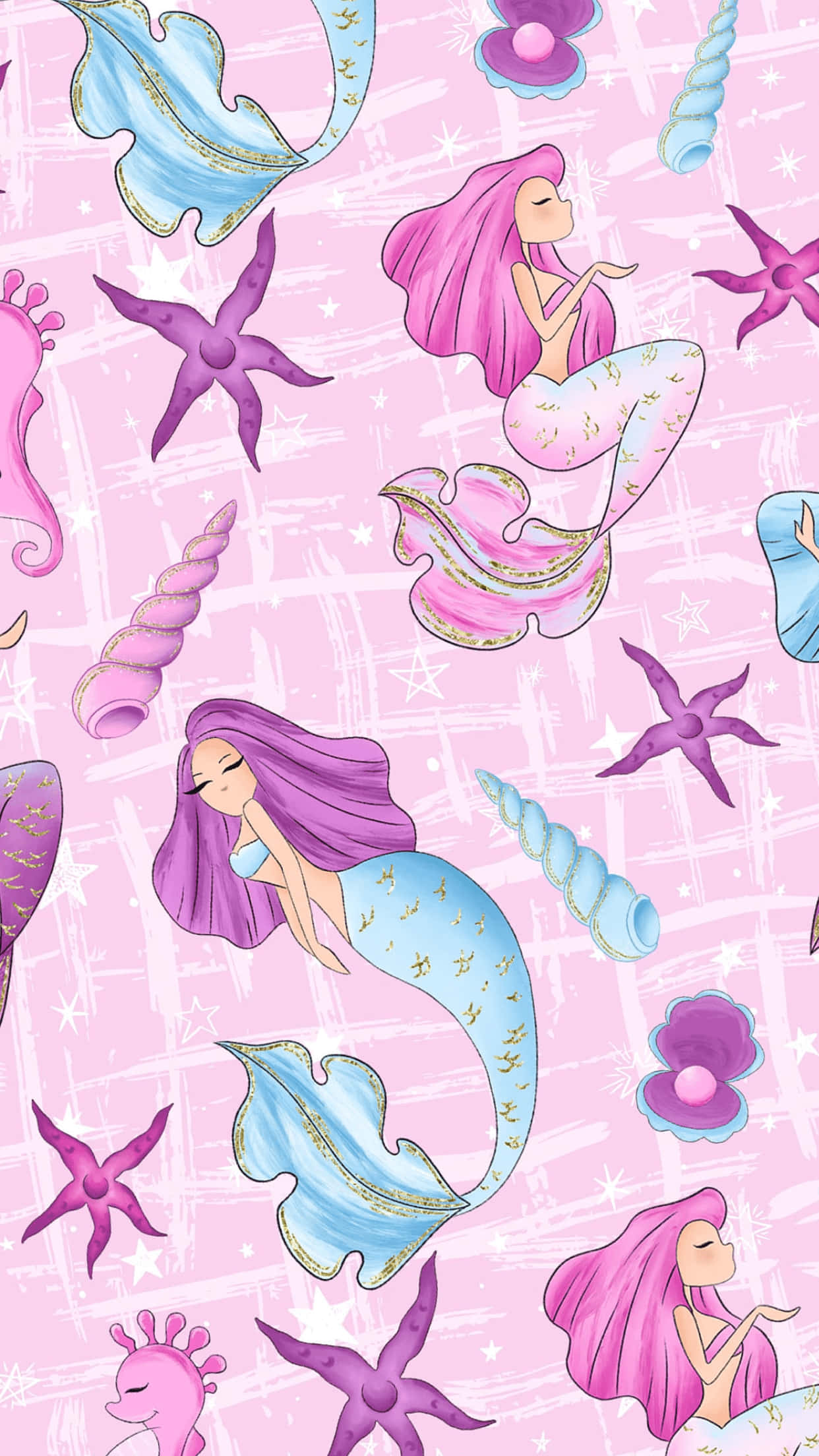 Kawaii Mermaid 桌布 壁紙 — 粉紅色背景，帶有夢幻美人魚、海星和貝殼，呈現俏皮散落圖案。