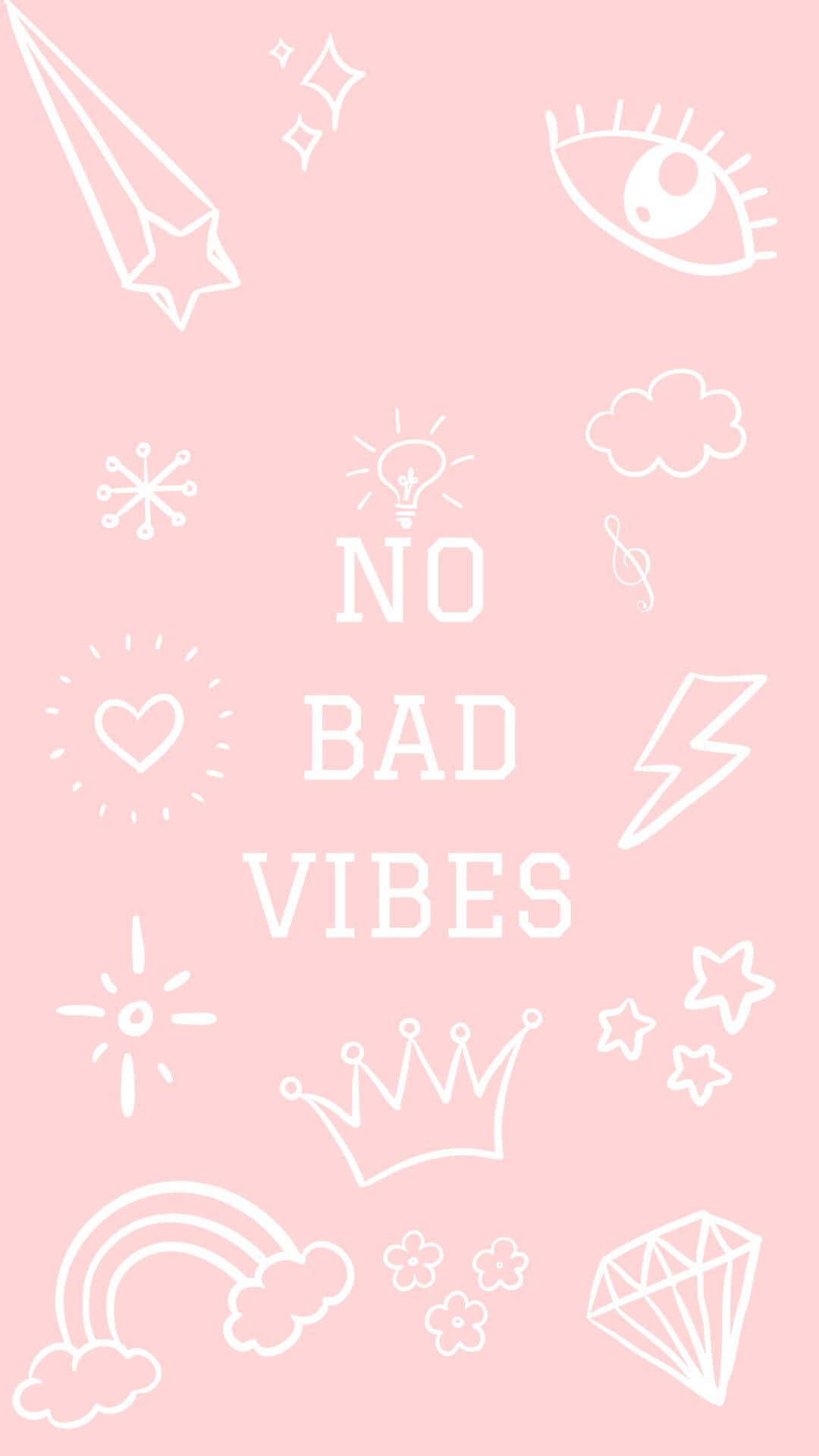Pink And White Aesthetic 桌布 壁紙 — 粉紅色背景，帶有白色線條圖示和文字 no bad vibes。