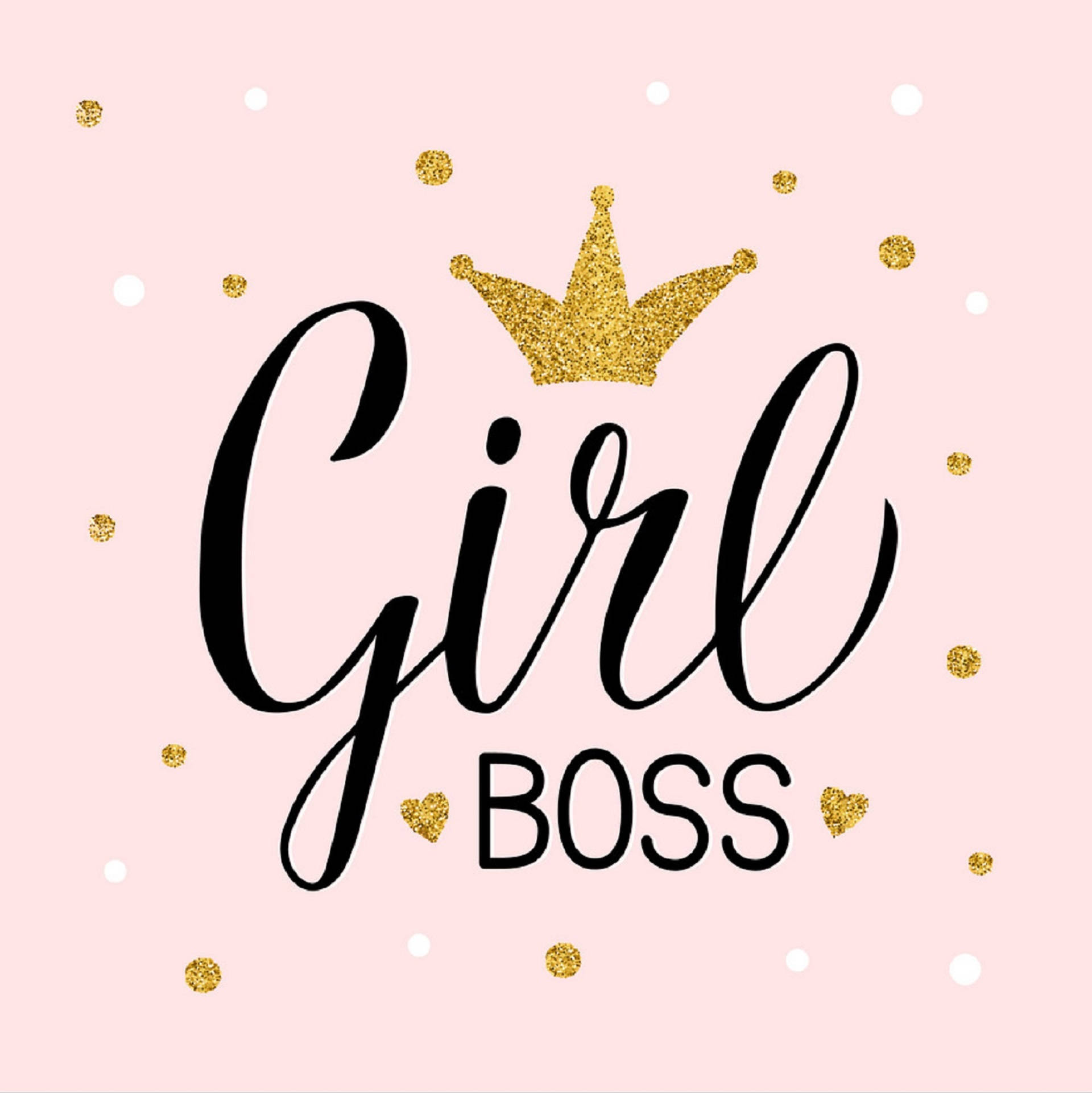 boss 桌布 壁紙 — 粉紅色背景，帶有閃閃發光的金色皇冠和文字 girl boss，周圍環繞著金色和白色圓點。