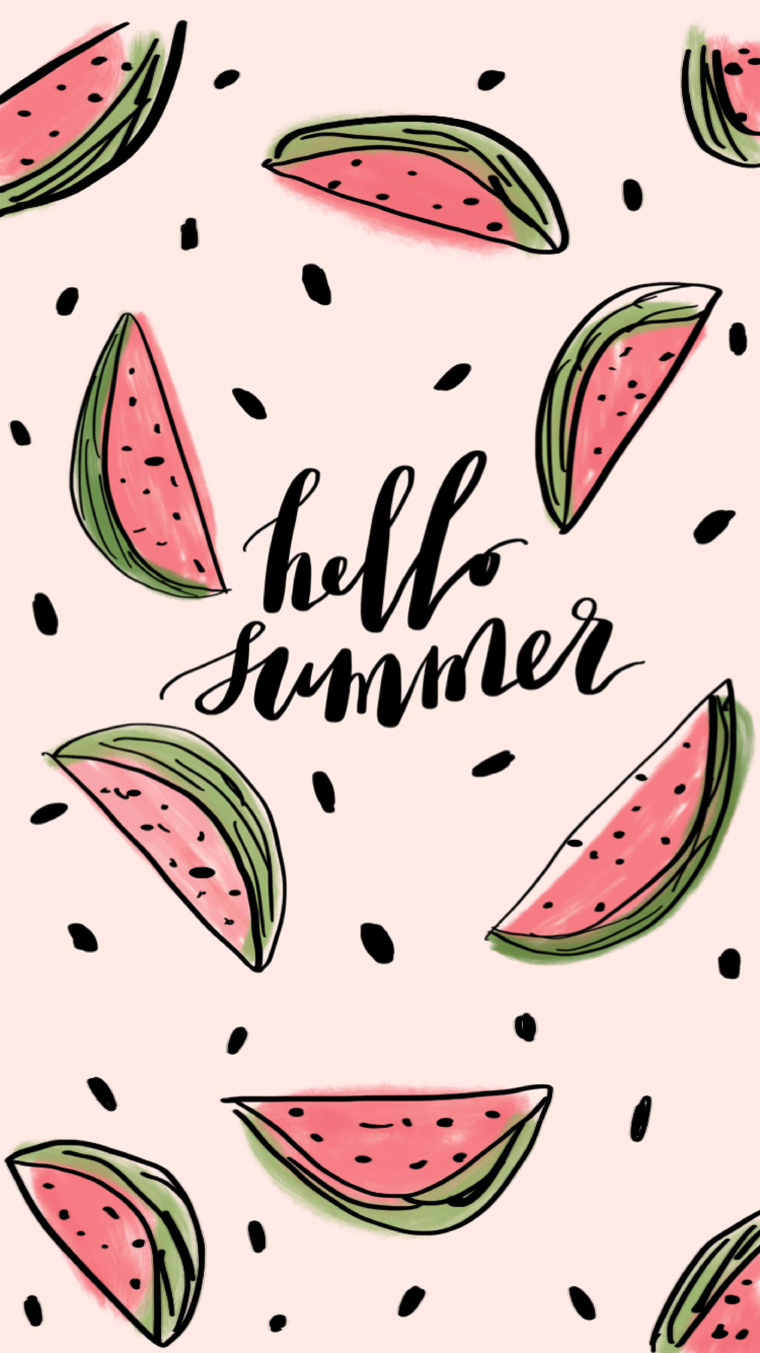 Summer iPhone 桌布 壁紙 — 粉紅色背景，手繪西瓜片和黑色圓點圍繞著草書短語 hello summer。