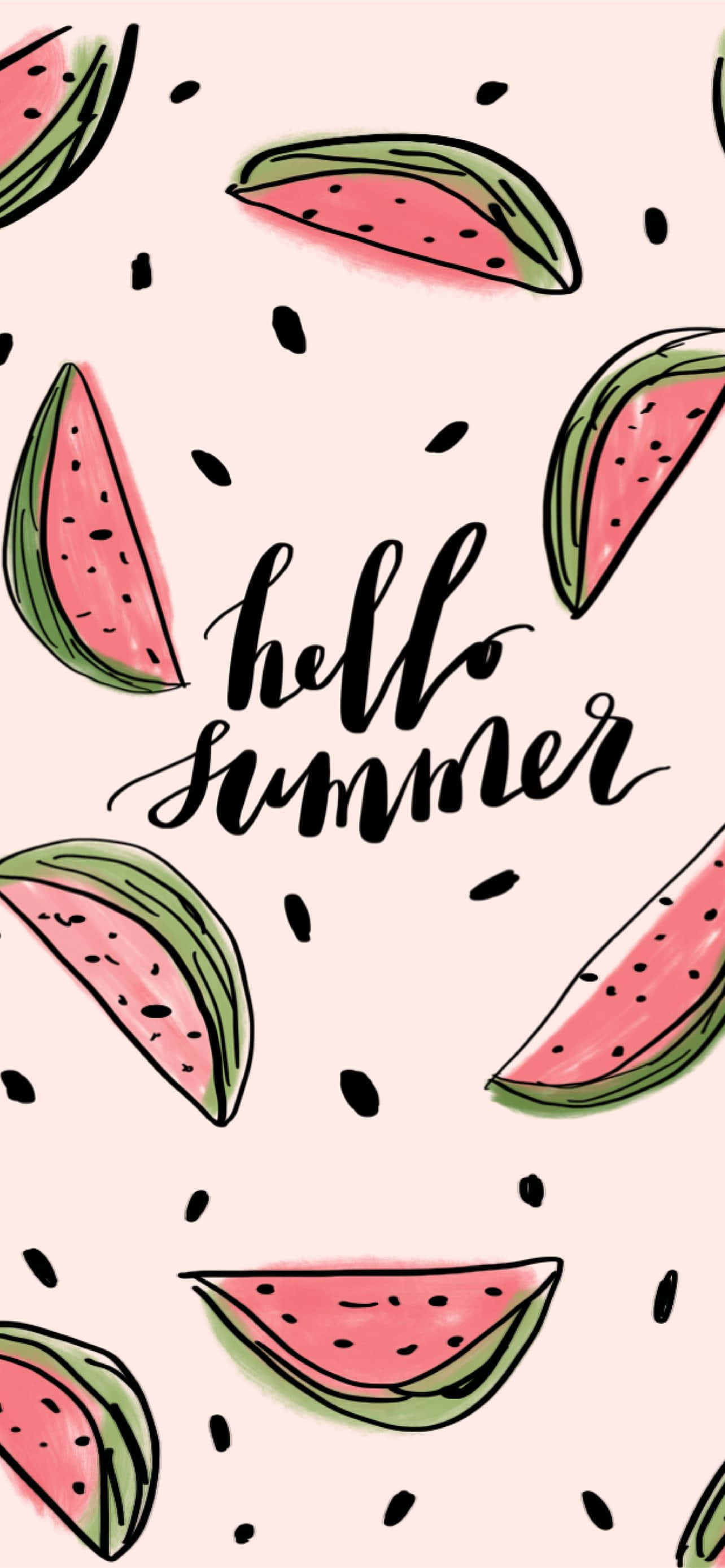 Trendy Summer iPhone 桌布 壁紙 — 粉紅色背景，手繪西瓜片和黑色種子散落在草書 hello summer 文字周圍。