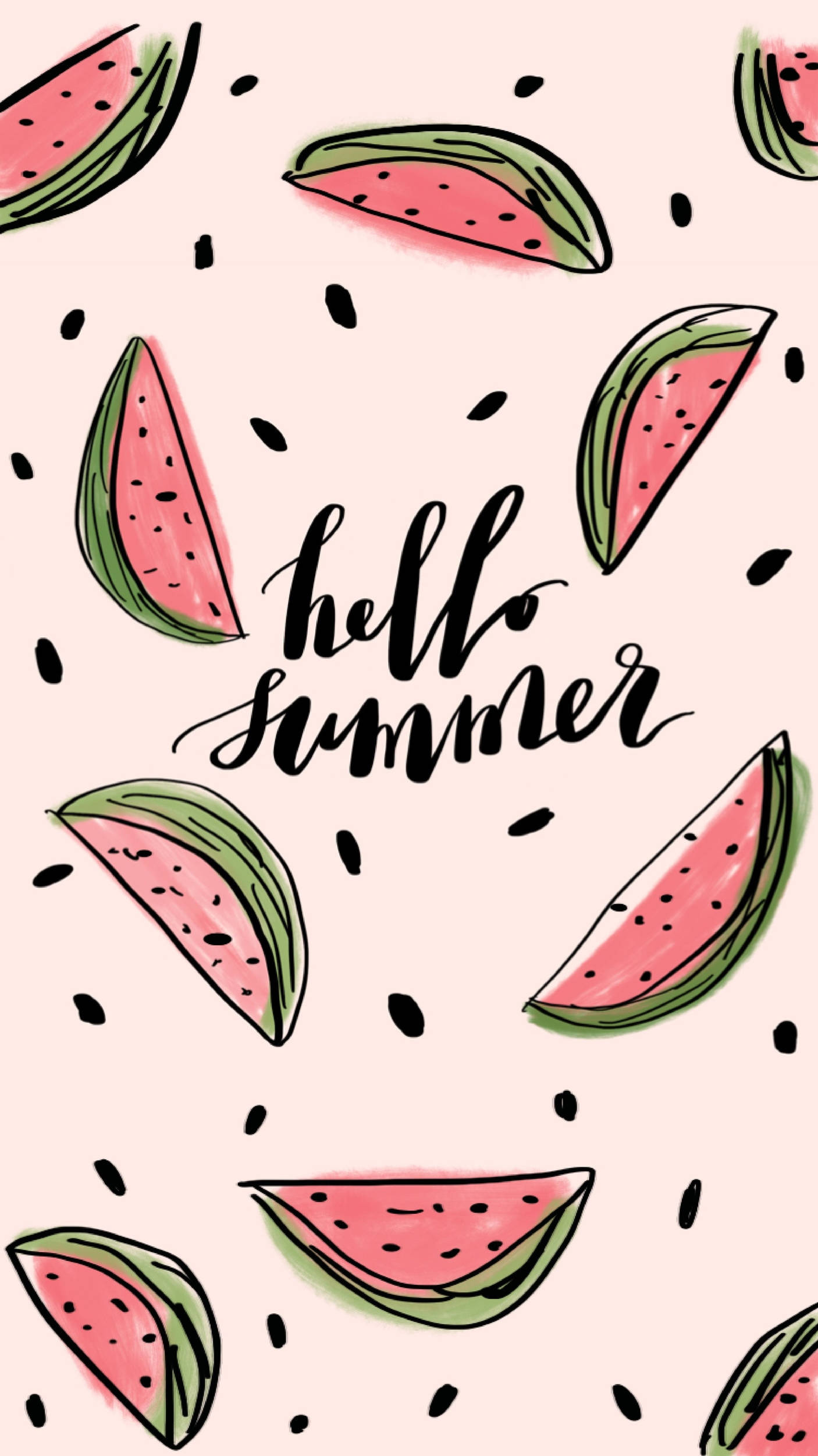 Hello 桌布 壁紙 — 粉紅色背景，手繪西瓜片和黑色種子圍繞著草書短語 hello summer。
