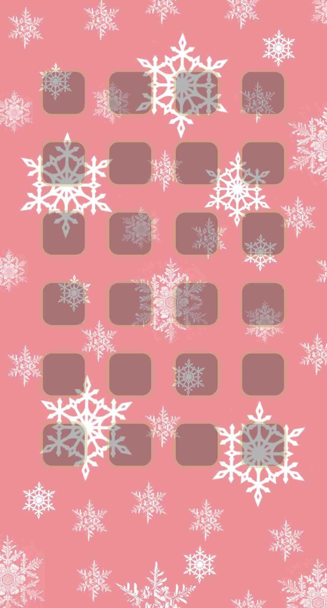 聖誕節 桌布 壁紙 — 粉紅色背景，散落白色雪花和棕色方形佔位符。