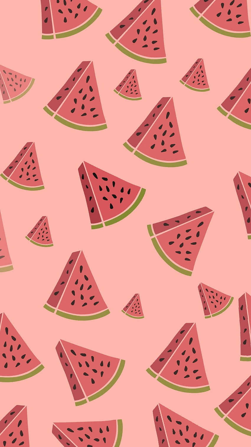 Watermelon iPhone 桌布 壁紙 — 粉紅色背景，散落著卡通西瓜片，帶有黑色種子和綠色外皮。