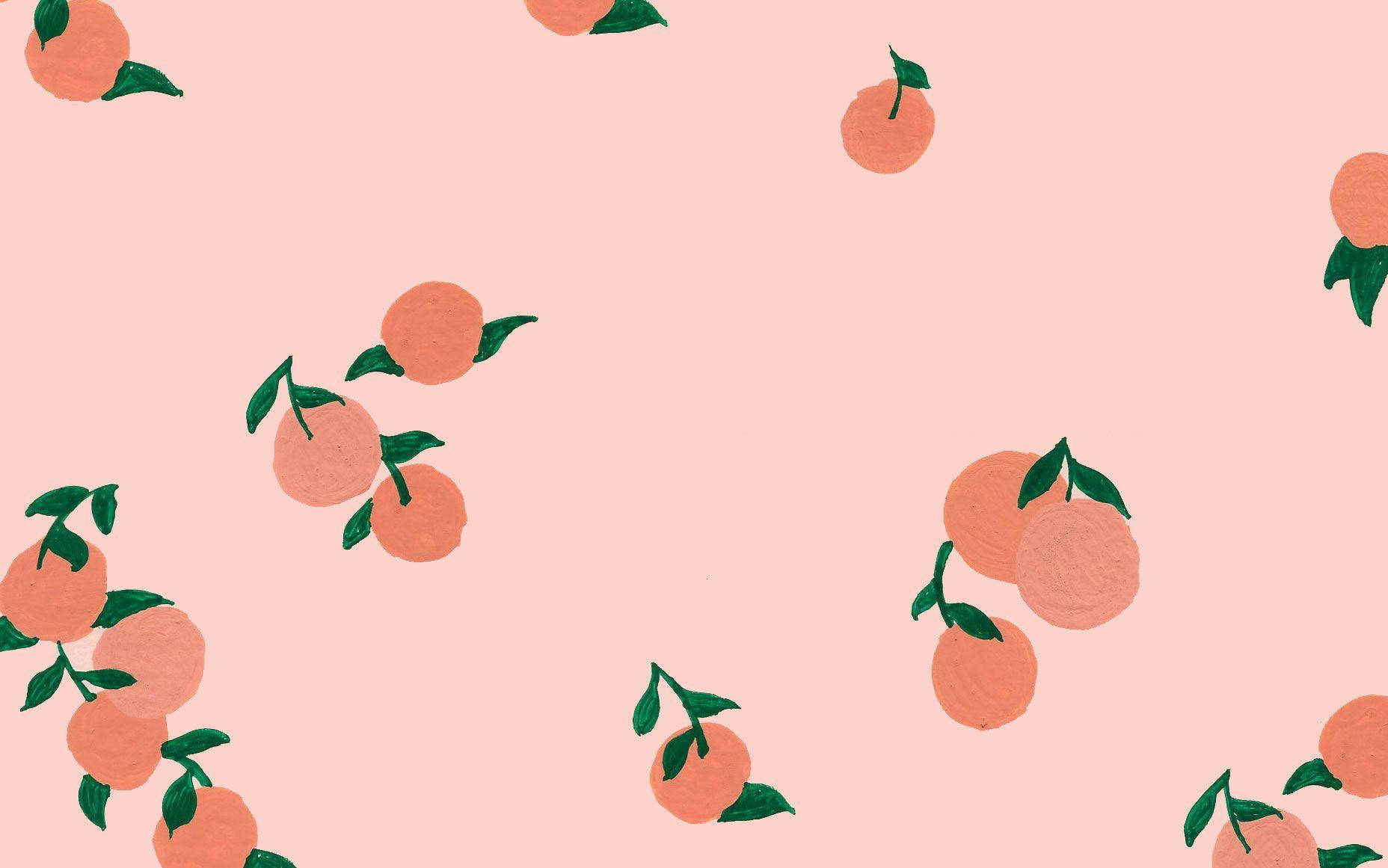 Peach Aesthetic 桌布 壁紙 — 粉紅色背景，散落著插圖風格的桃子簇和綠色葉子，採用柔和的水彩風格。