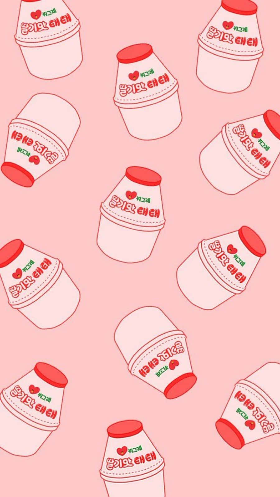 Milk 桌布 壁紙 — 粉紅色背景，散落著紅白色的卡通風格韓國奶茶杯。