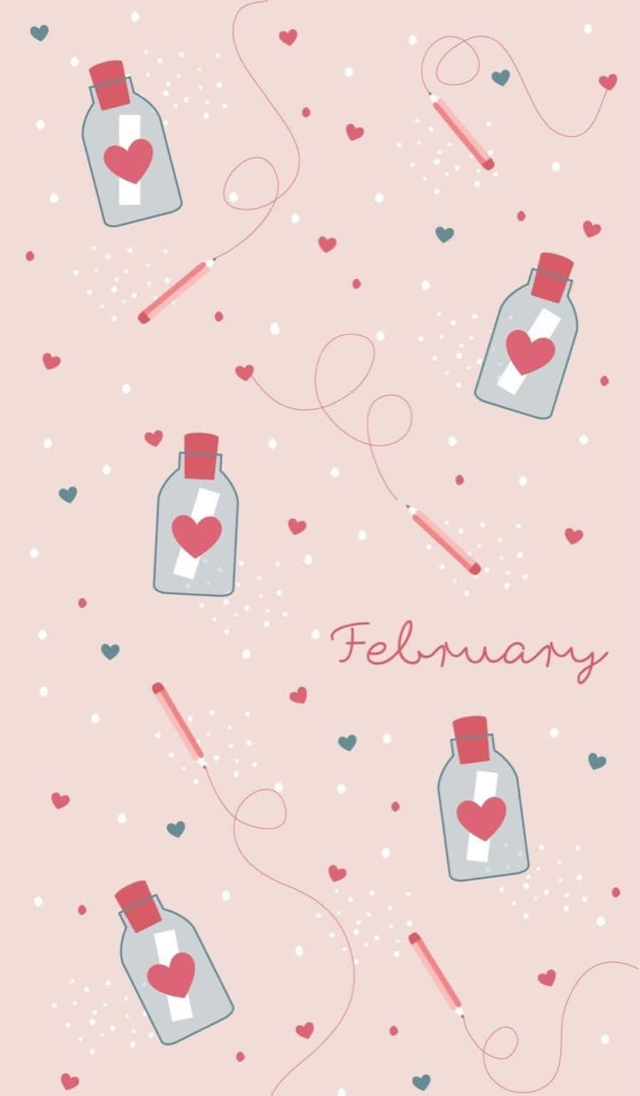 February iPhone 桌布 壁紙 — 粉紅色背景，散落著裝有紅色心形的玻璃瓶和帶有心形繩子的漂浮鉛筆。