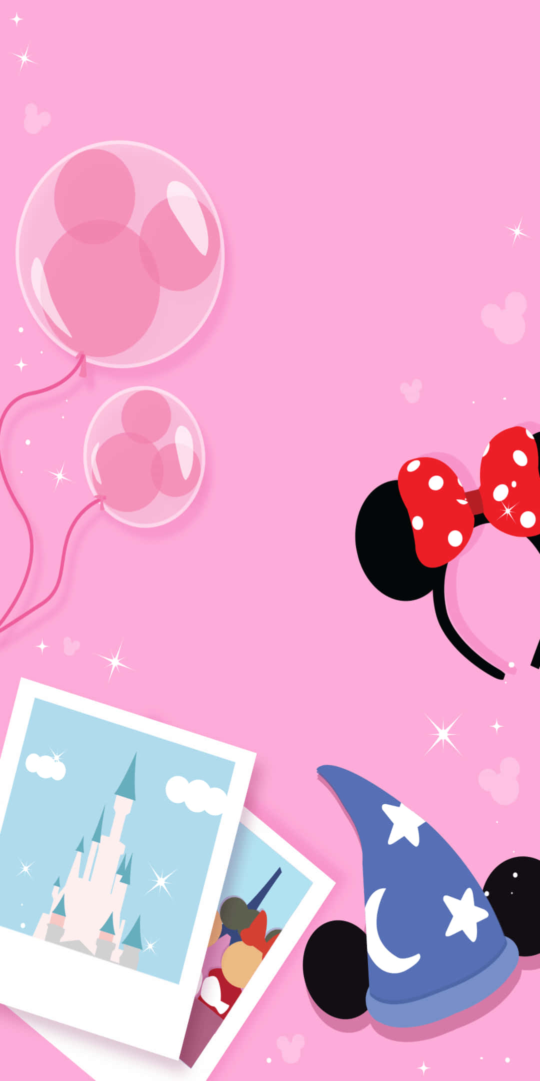Pixel 3 Disney 桌布 壁紙 — 粉紅色背景，有米妮老鼠耳朵、巫師帽和氣球漂浮在迪士尼城堡照片打印件附近。