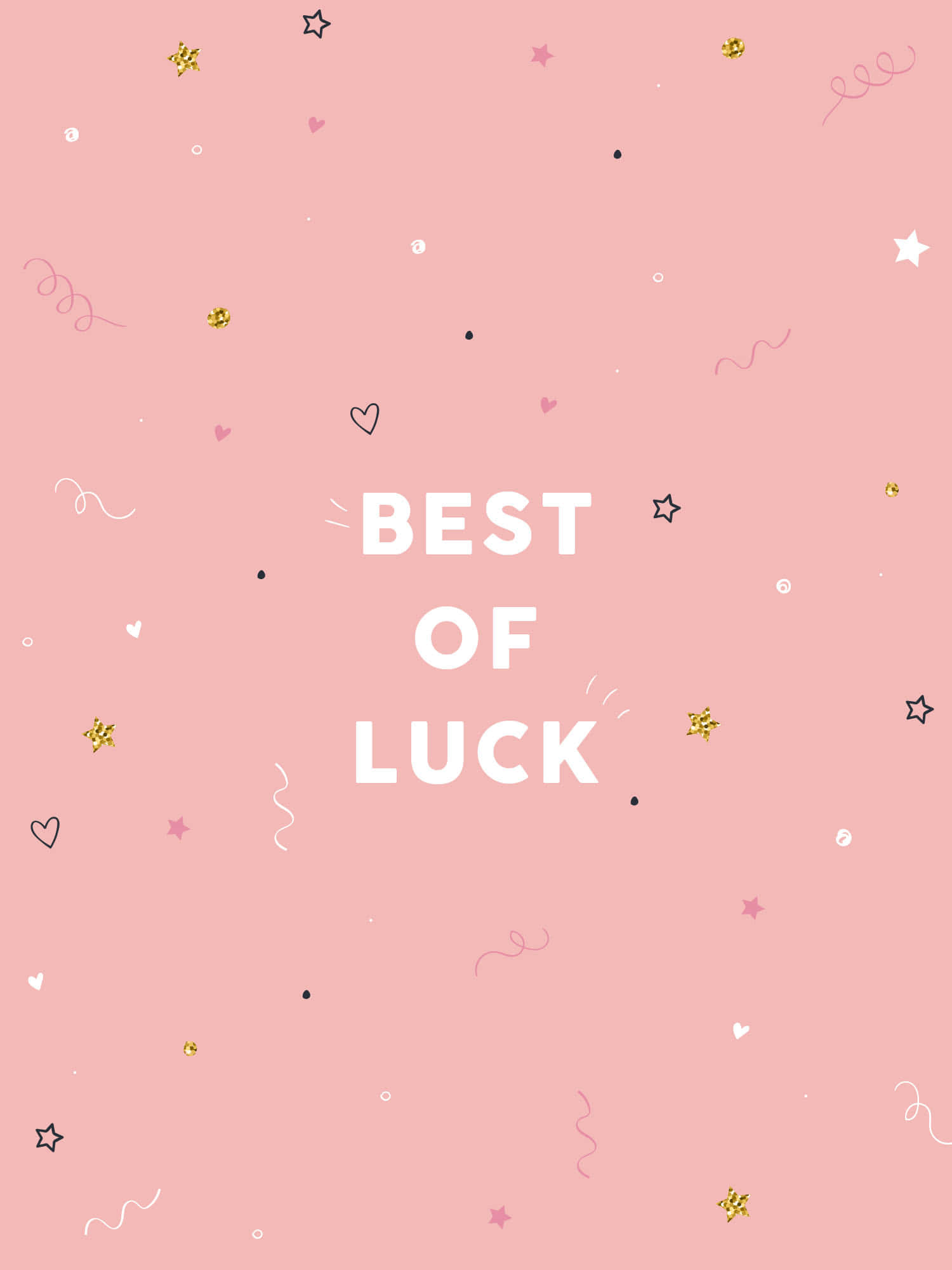 Good Luck 桌布 壁紙 — 粉紅色背景，白色文字寫著「BEST OF LUCK」，周圍散落著星星、心形和五彩紙屑。