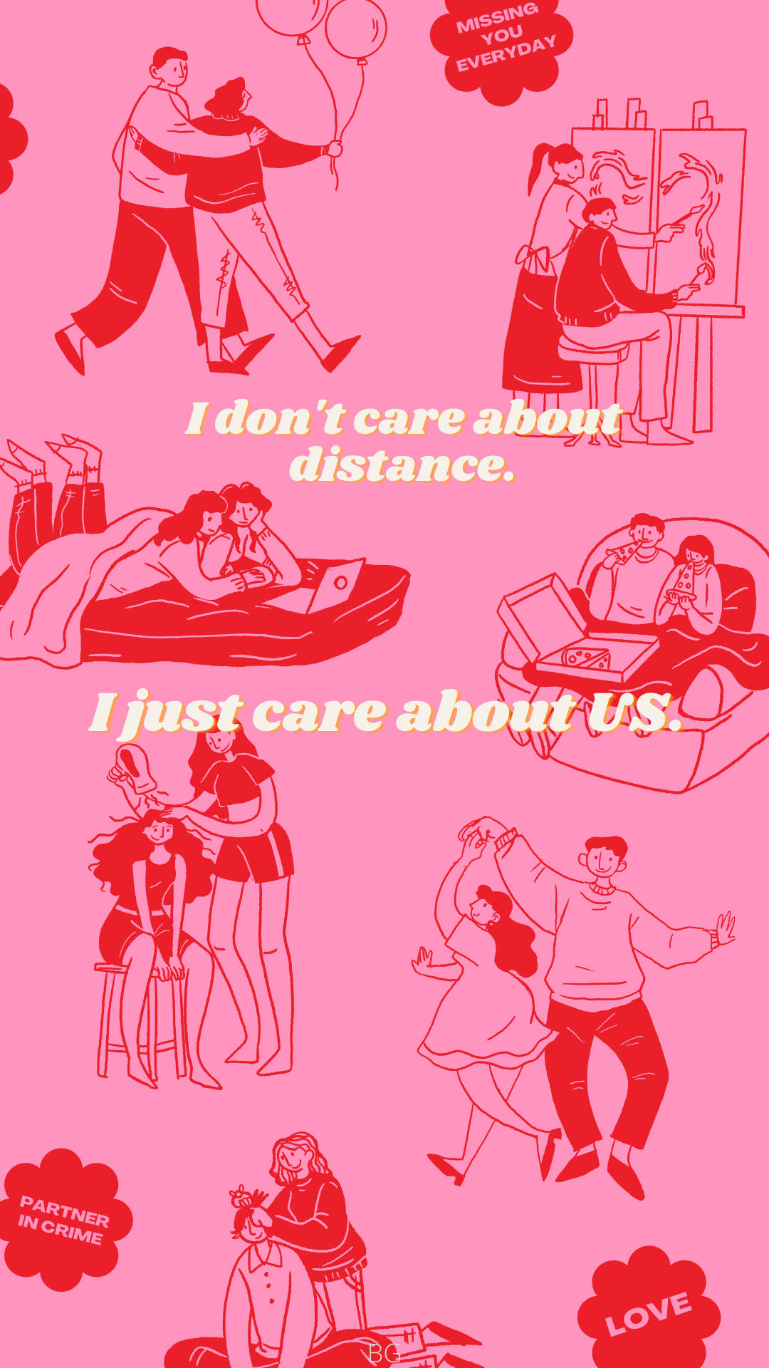 Relationship 桌布 壁紙 — 粉紅色背景，紅色線條藝術場景，描繪戀愛中的情侶拿著氣球、繪畫、閒逛、跳舞，並以文字疊加分享時刻。