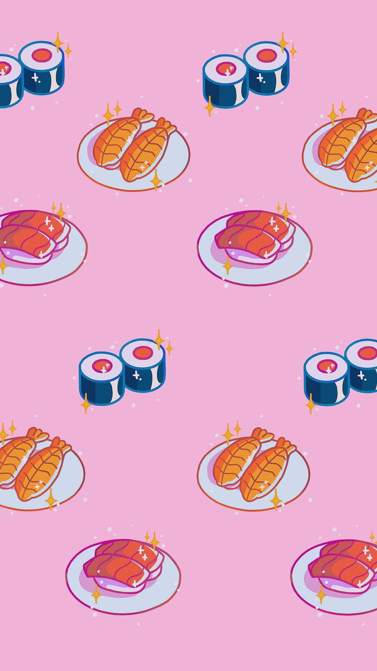 Kawaii Japanese Food 桌布 壁紙 — 粉紅色背景，重複出現卡通壽司卷和生魚片放在盤子上，帶有閃光。