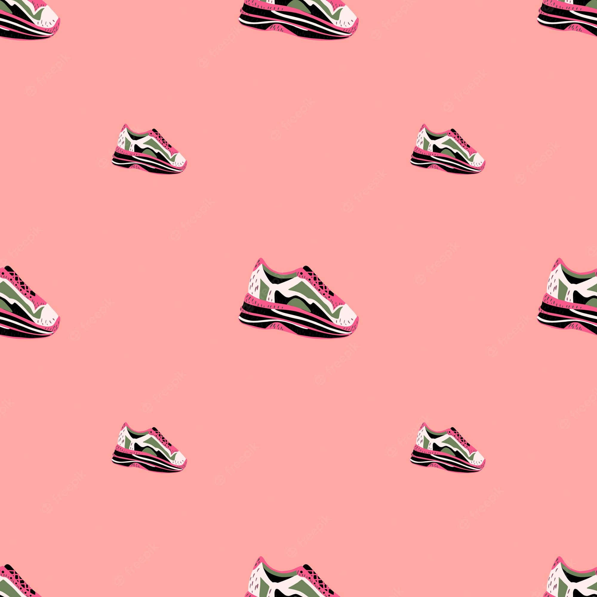 Sneakerhead 桌布 壁紙 — 粉紅色背景，重複出現白色、綠色和黑色的時尚運動鞋。