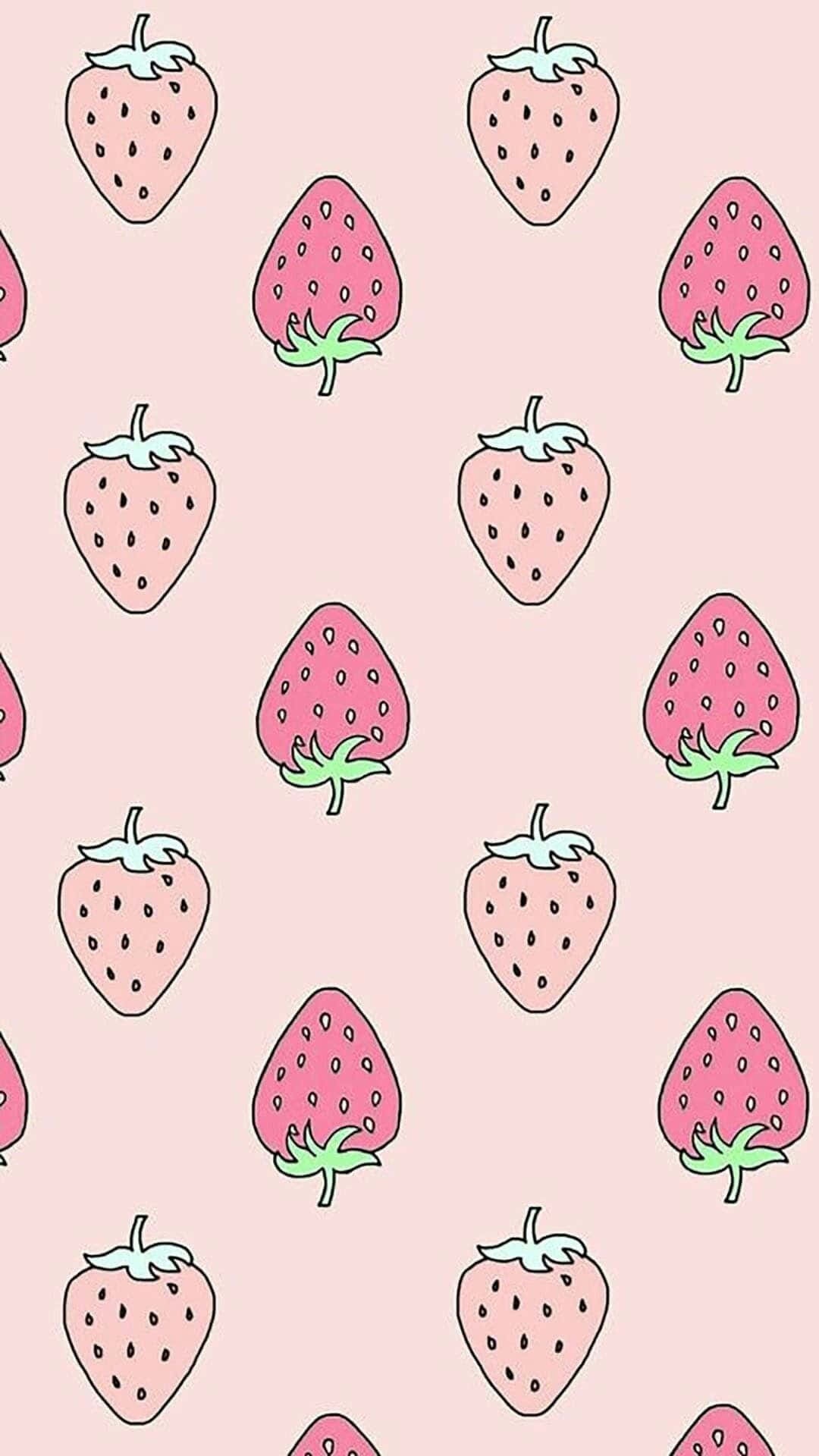 Strawberry 桌布 壁紙 — 粉紅色背景，重複可愛卡通草莓，兩種色調和綠色葉子。