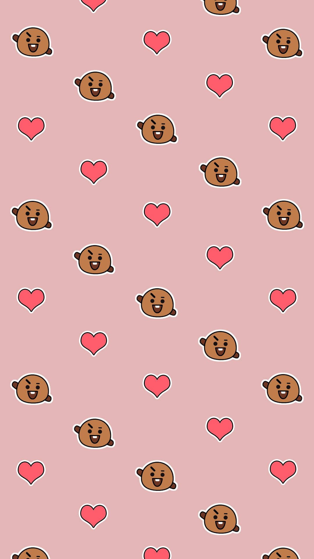 shooky bt21 桌布 壁紙 — 粉紅色背景，重複可愛的棕色卡通臉孔和紅色心形，形成有趣的圖案。