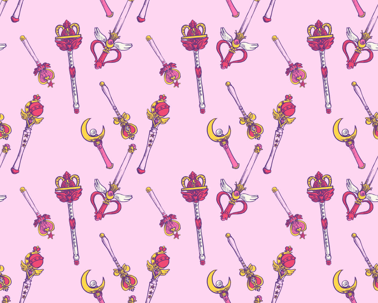 Aesthetic Sailor Moon 桌布 壁紙 — 粉紅色背景，重複填充紅色、金色和白色的動漫風格魔法棒和彎月杖。